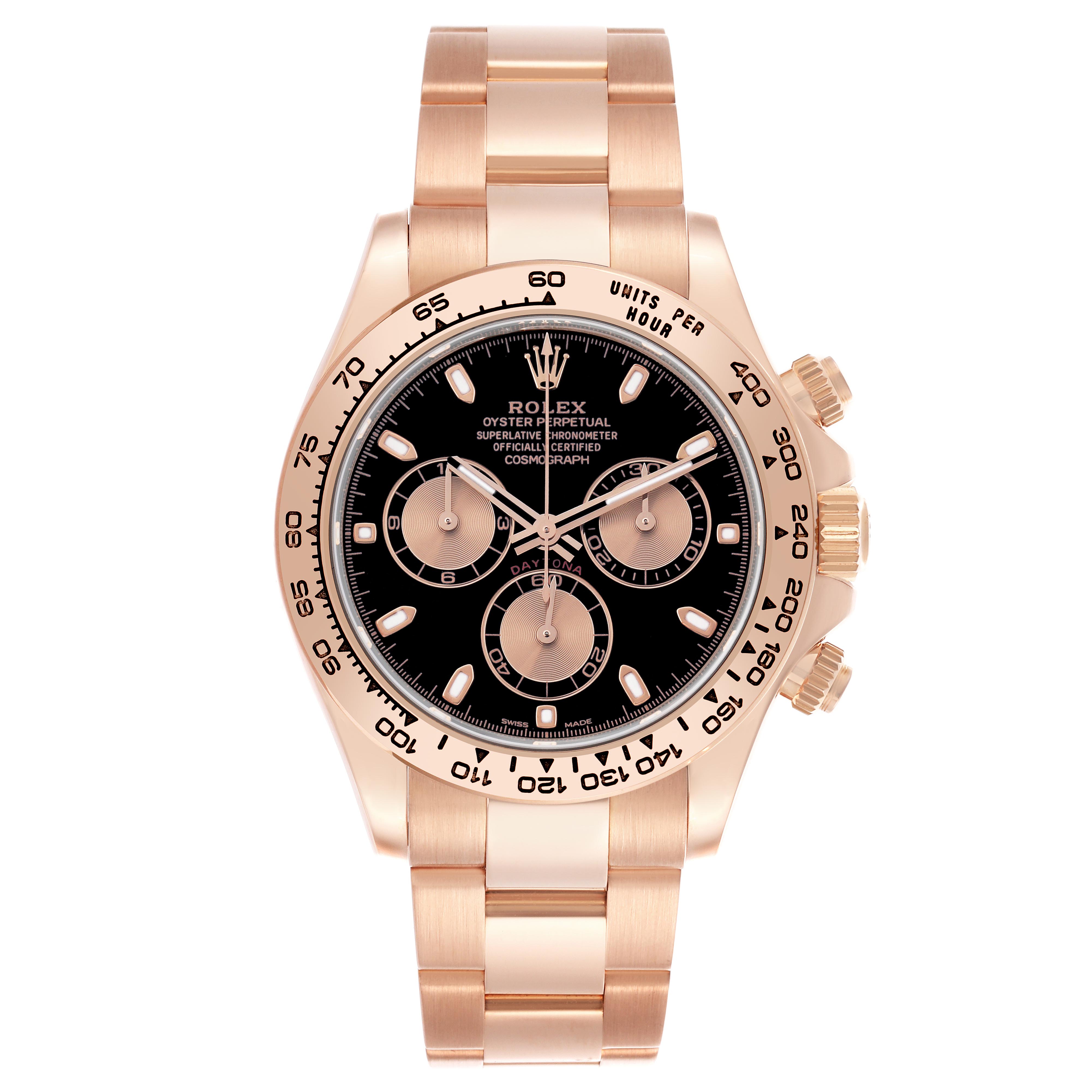 The image shows a Rolex Daytona 116505 Men's Rose Gold Black Dial 116505 Men's Rose Gold Black Dial watch from a front angle, highlighting the dial, bezel, bracelet, and pushers.