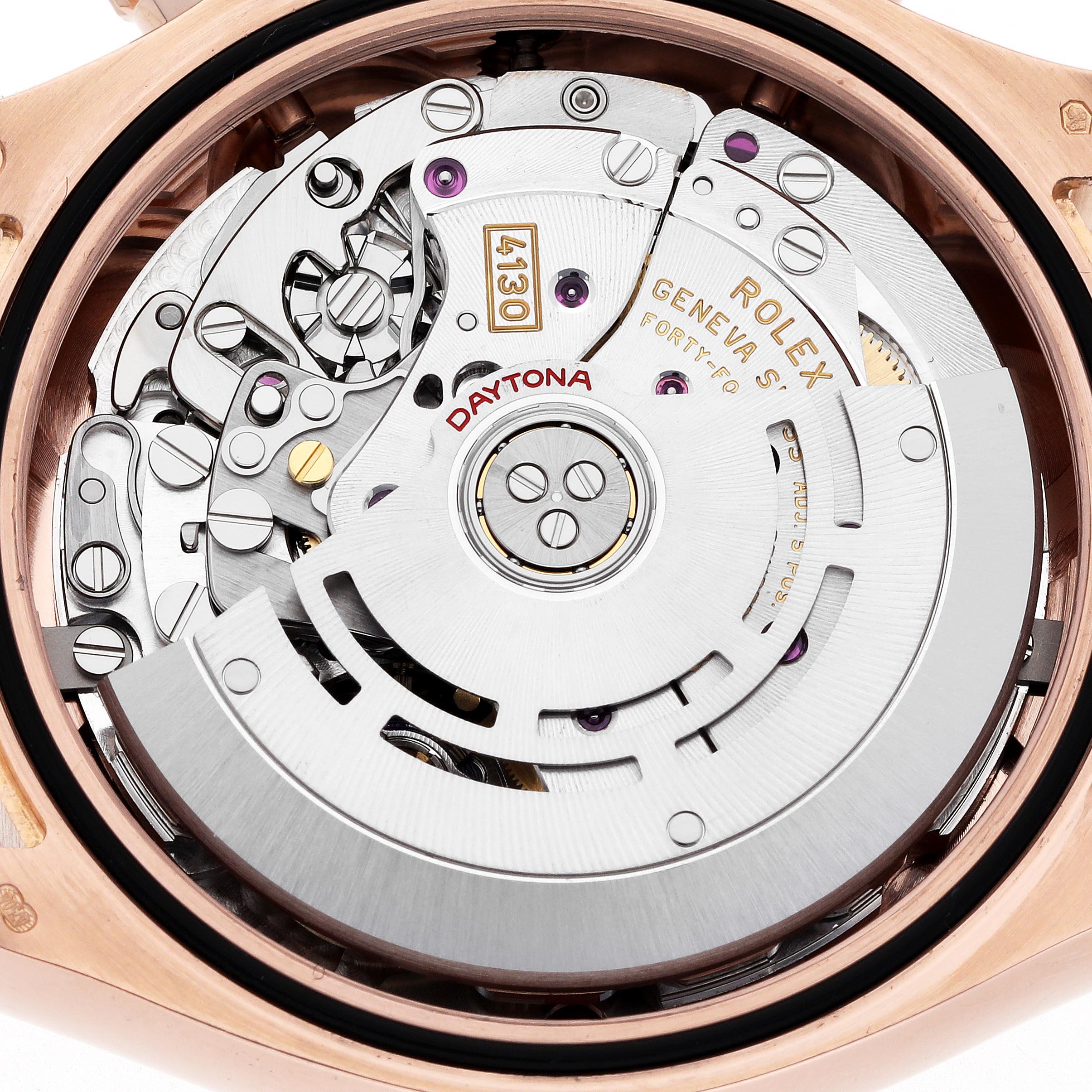The image shows a close-up view of the Rolex Daytona 116505 Men's Rose Gold Black Dial 116505 Men's Rose Gold Black Dial's movement and rotor.