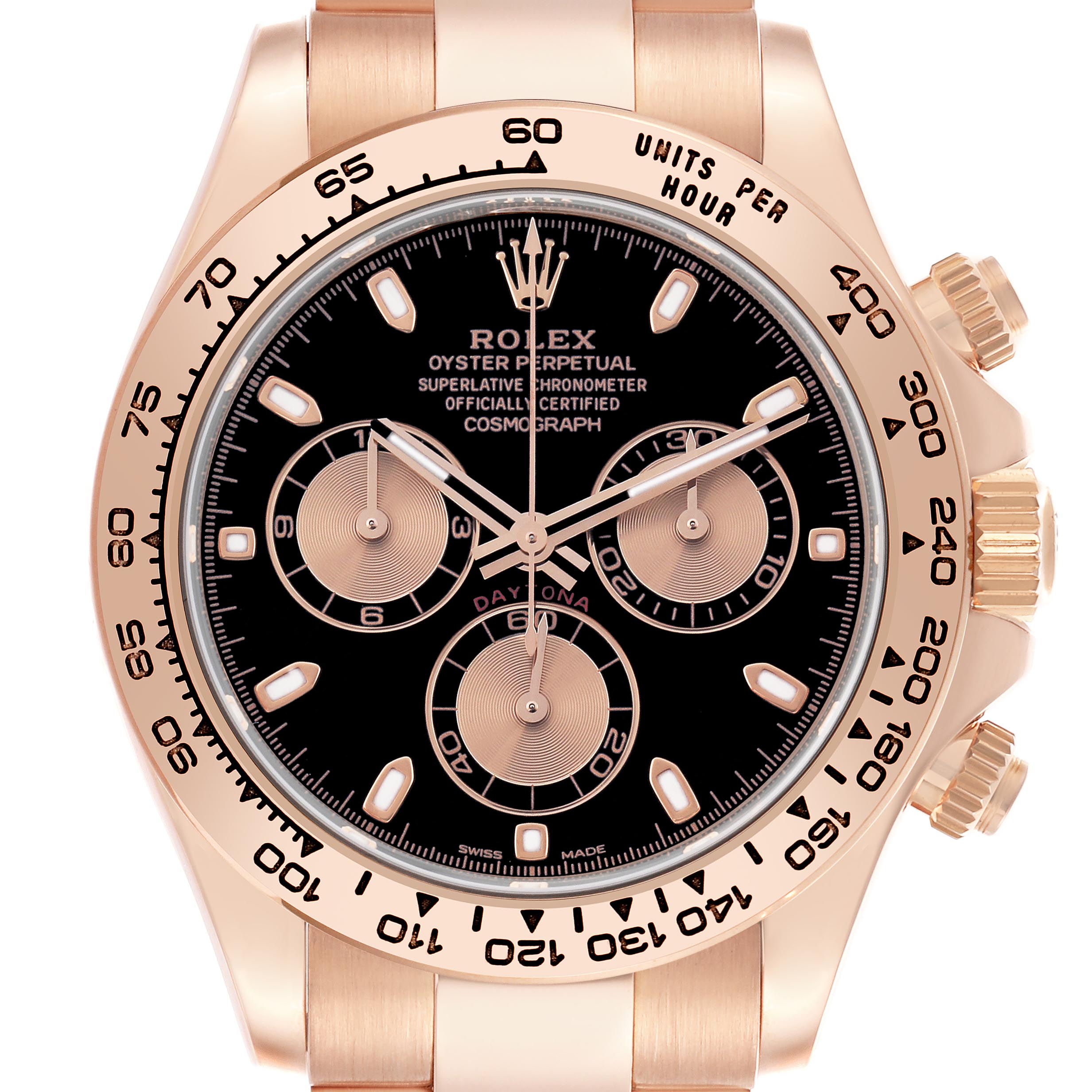The Rolex Daytona 116505 Men's Rose Gold Black Dial 116505 Men's Rose Gold Black Dial is shown from the front, displaying its bezel, dial, subdials, and crown.