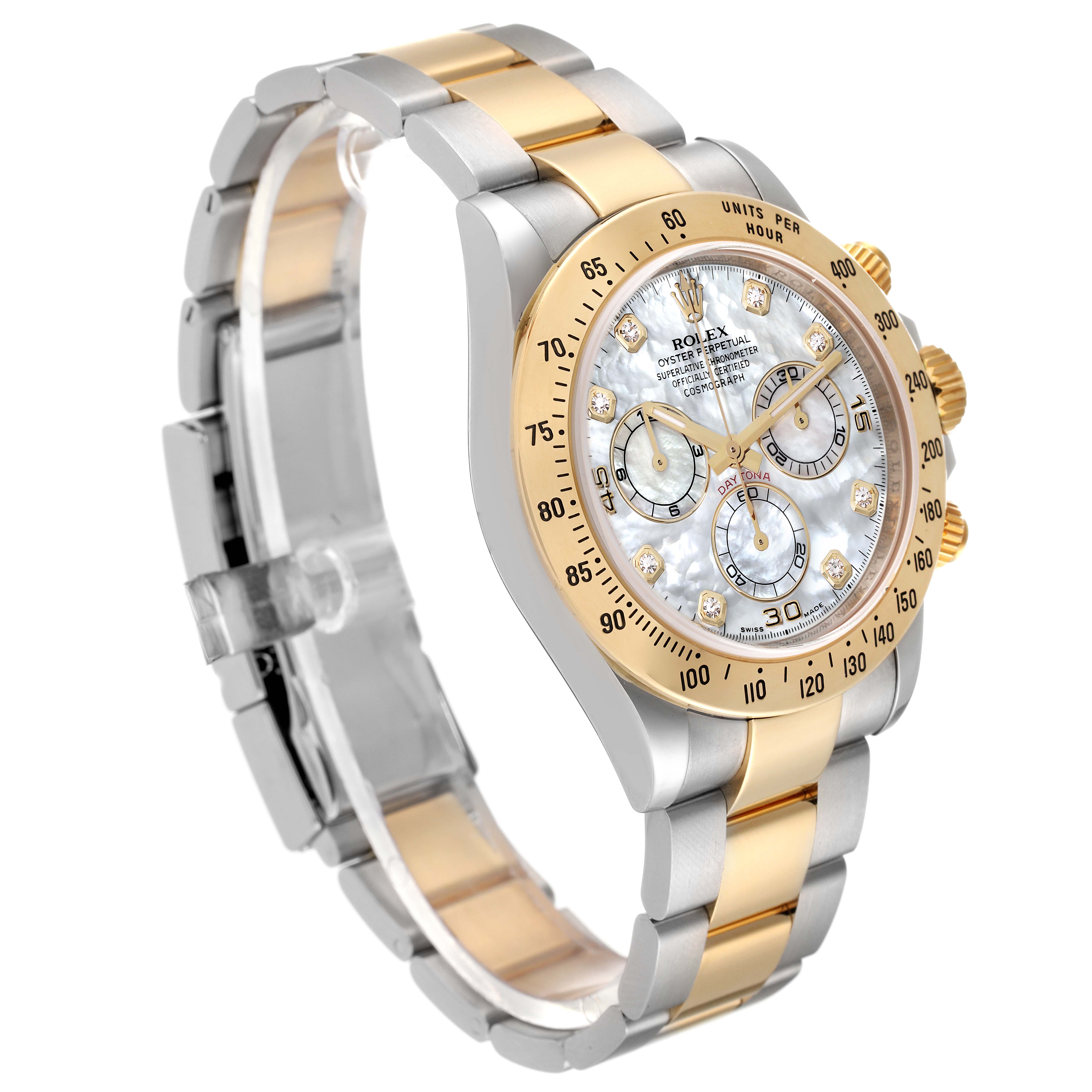 The image shows a side-angle view of a Rolex Daytona 116523 Men's Steel and Gold (two tone) Mother of Pearl Dial 116523 Men's Steel and Gold (two tone) Mother of Pearl Dial watch, highlighting the bracelet, bezel, and face.