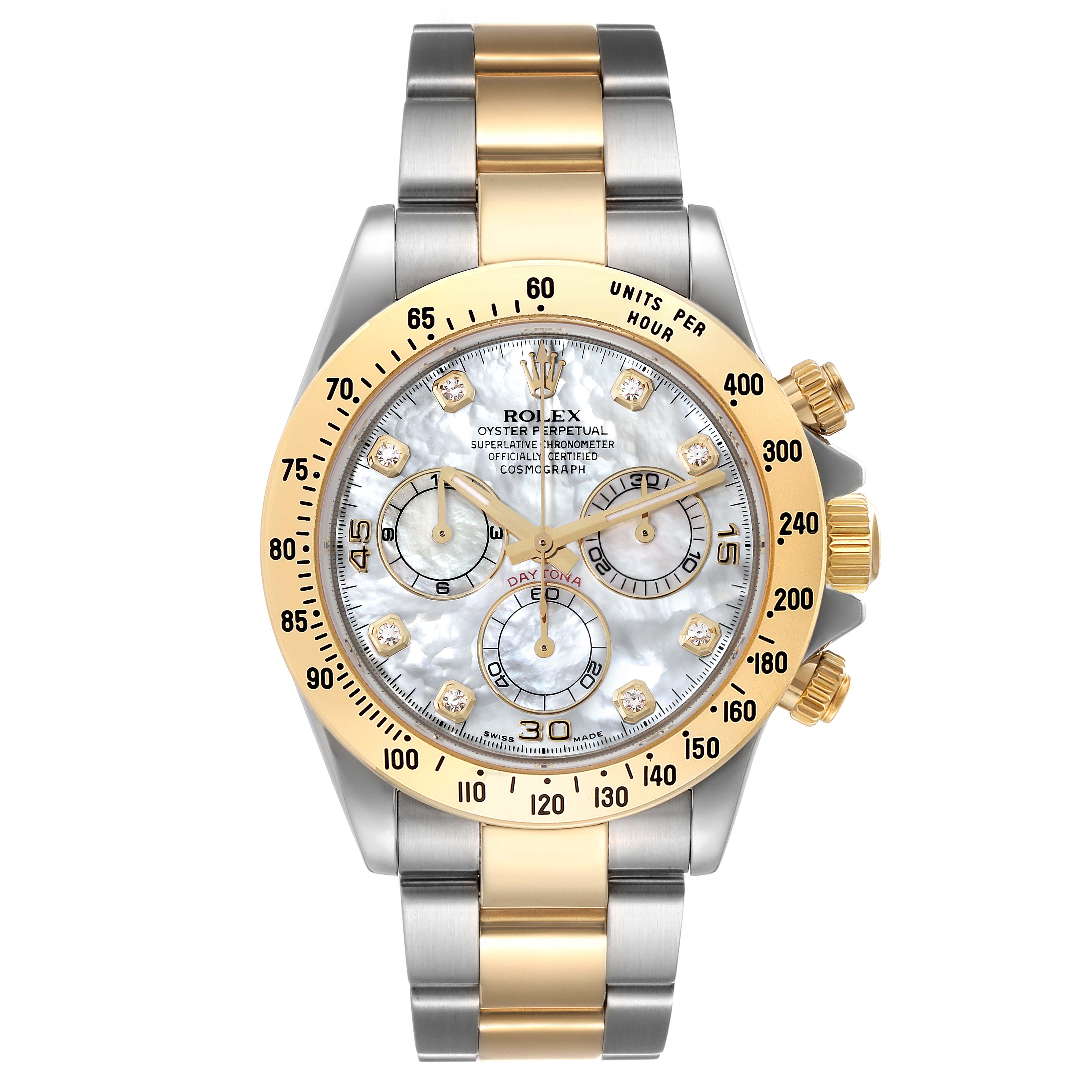The image shows a Rolex Daytona 116523 Men's Steel and Gold (two tone) Mother of Pearl Dial 116523 Men's Steel and Gold (two tone) Mother of Pearl Dial watch from a front view, highlighting its face, bezel, and two-tone bracelet.