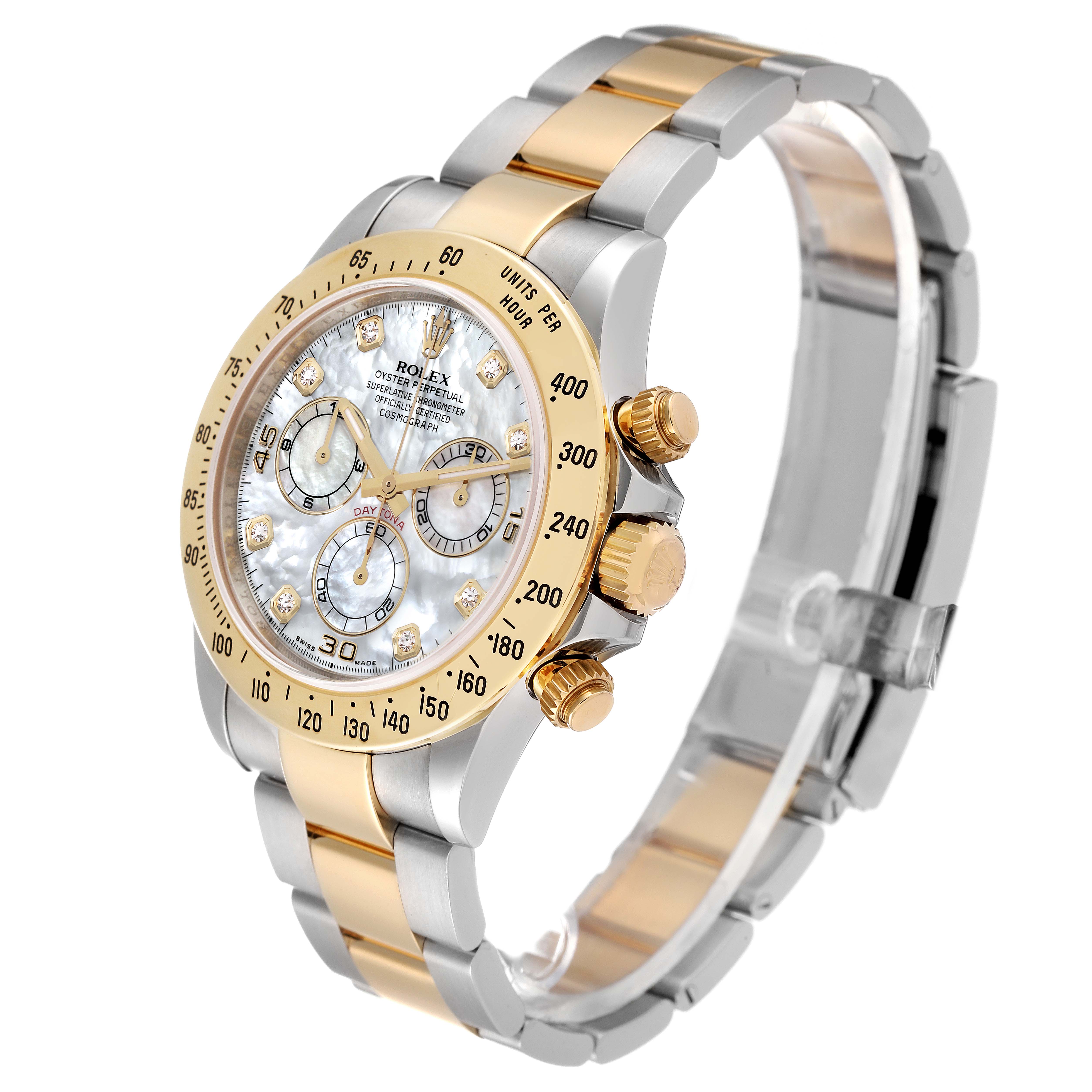 This image showcases a Rolex Daytona 116523 Men's Steel and Gold (two tone) Mother of Pearl Dial 116523 Men's Steel and Gold (two tone) Mother of Pearl Dial watch at a slight angled view, highlighting its face, band, bezel, and pushers.