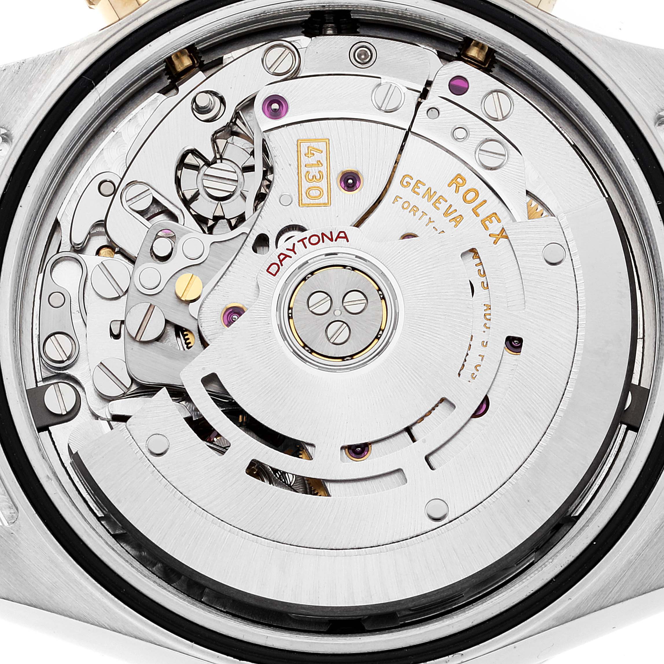 This image shows the intricate internal movement mechanism of a Rolex Daytona 116523 Men's Steel and Gold (two tone) Mother of Pearl Dial 116523 Men's Steel and Gold (two tone) Mother of Pearl Dial watch from the back view.