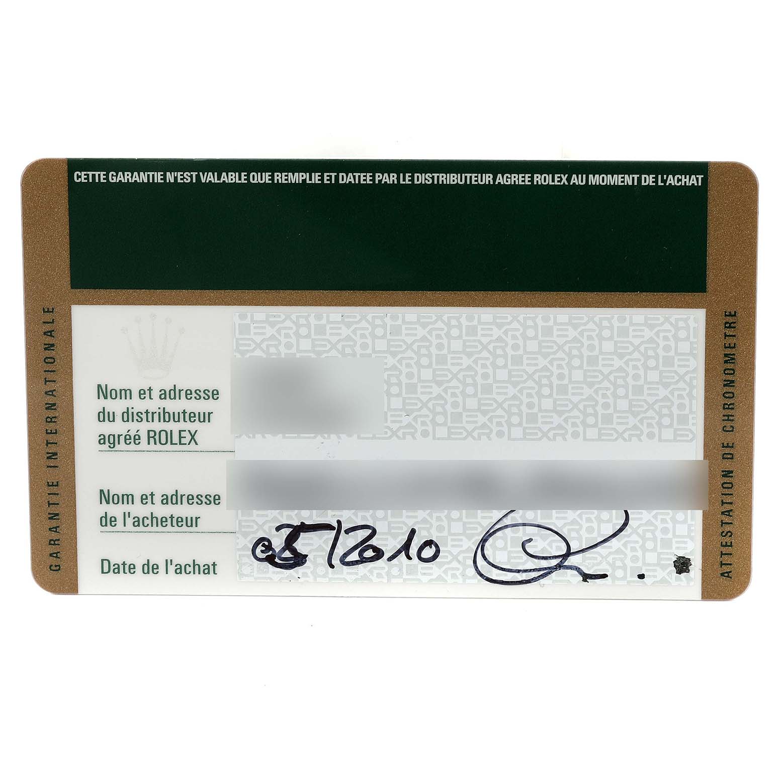 This image shows a guarantee card for the Rolex Daytona 116523 Men's Steel and Gold (two tone) Mother of Pearl Dial 116523 Men's Steel and Gold (two tone) Mother of Pearl Dial model, viewed from the front, featuring purchase details and warranty information.