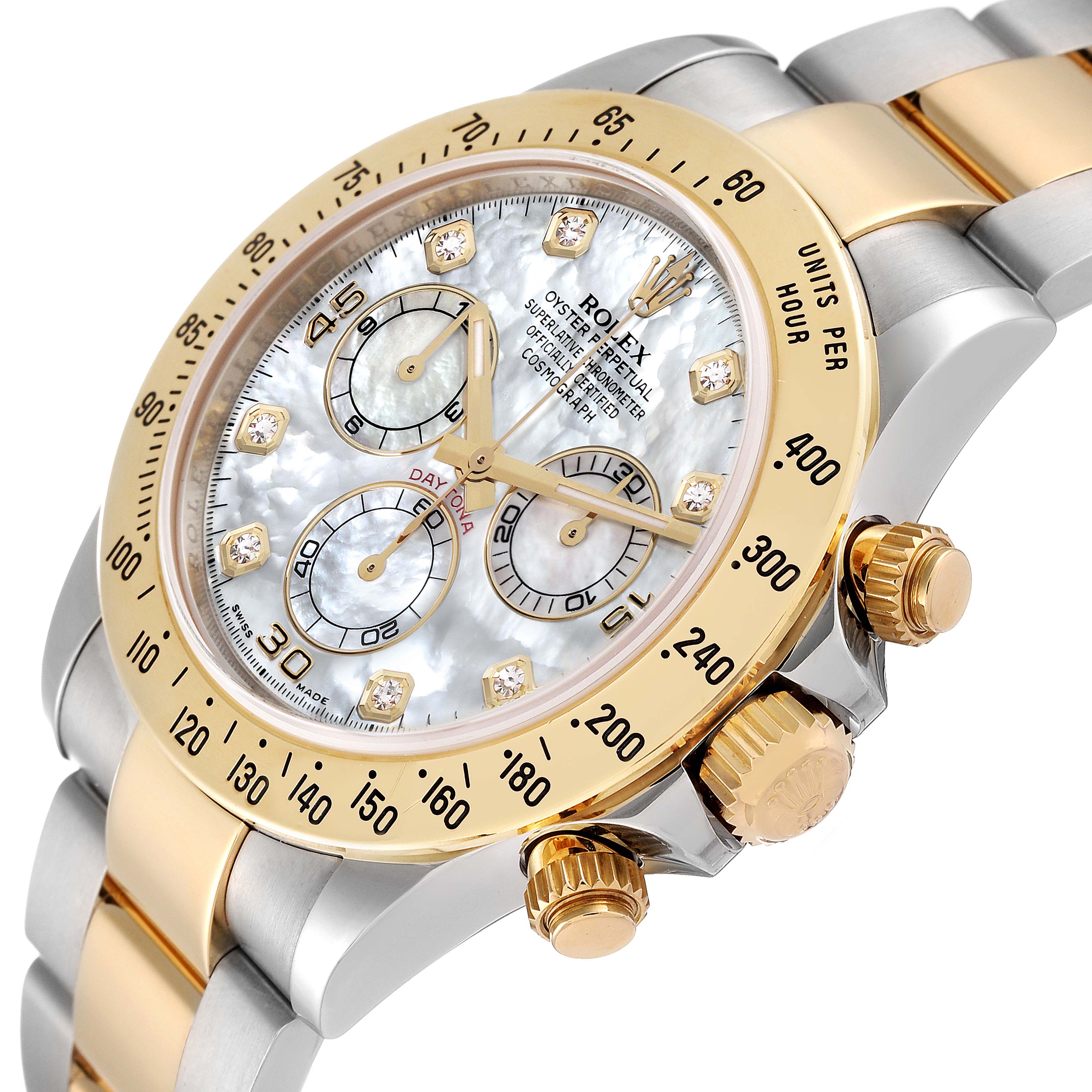 The image shows a close-up of a Rolex Daytona 116523 Men's Steel and Gold (two tone) Mother of Pearl Dial 116523 Men's Steel and Gold (two tone) Mother of Pearl Dial watch displaying its dial, bezel, and crown from a three-quarter angle.