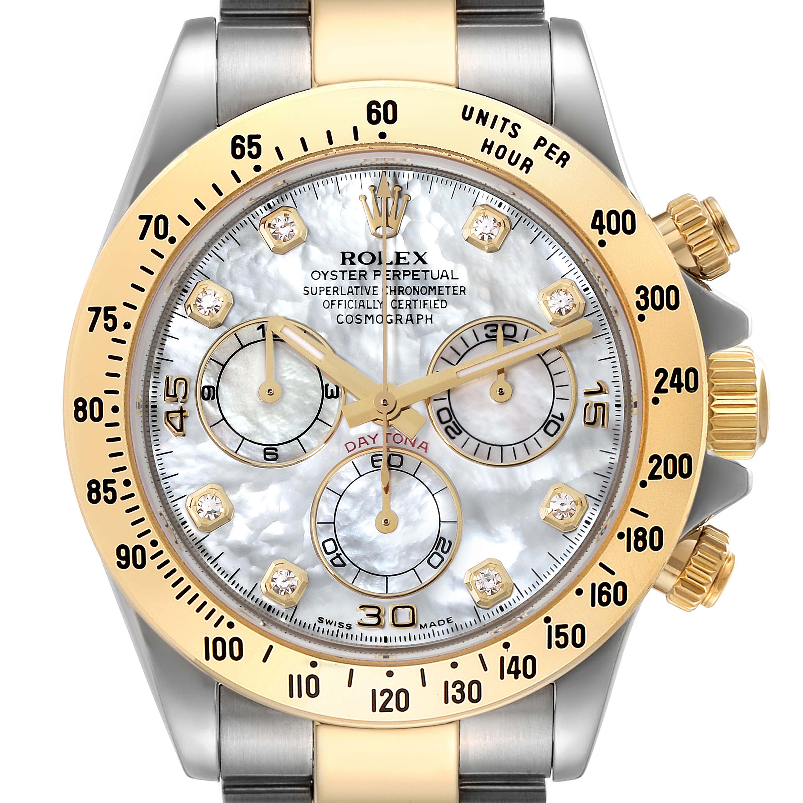 This image shows a frontal view of the Rolex Daytona 116523 Men's Steel and Gold (two tone) Mother of Pearl Dial 116523 Men's Steel and Gold (two tone) Mother of Pearl Dial watch, highlighting its face, bezel, and chronograph subdials.