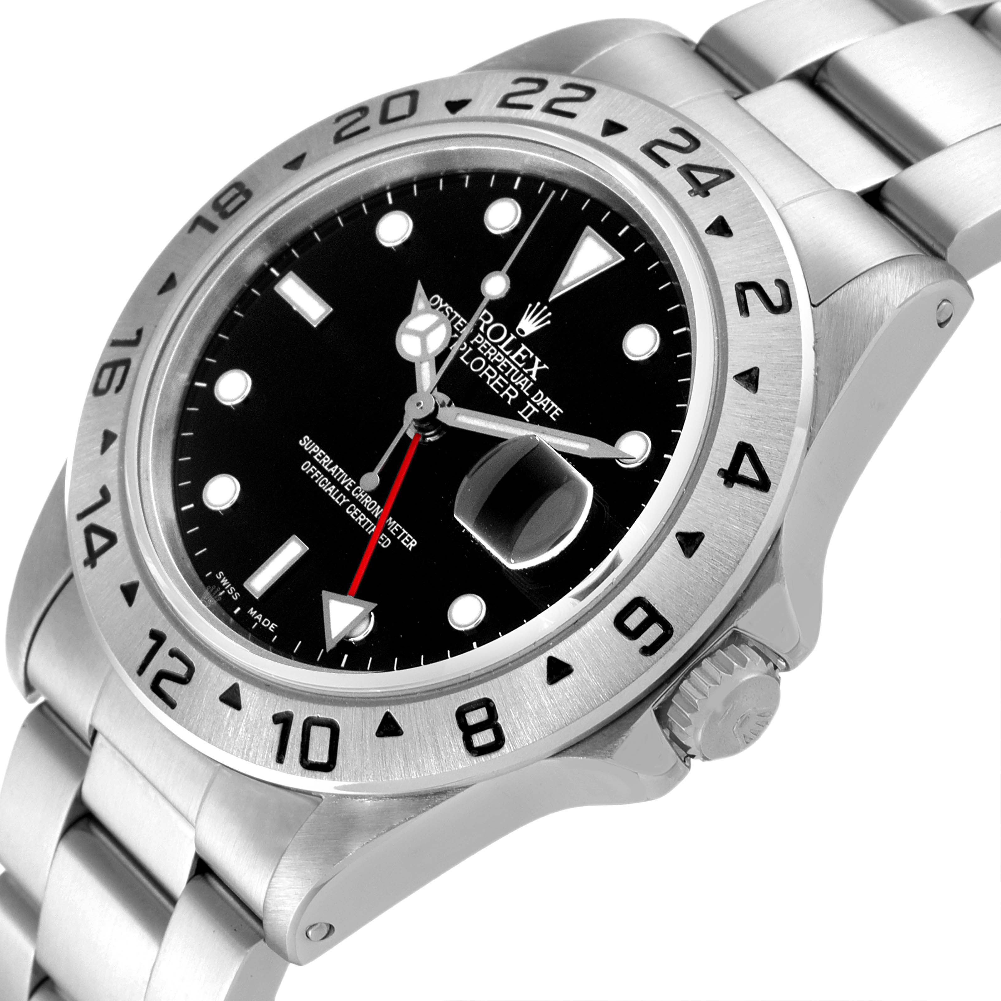 Shown at a slight angle, this Rolex Explorer 16570 Men's Stainless Steel Black Dial 16570 Men's Stainless Steel Black Dial model watch displays its dial, hour markers, hands, bezel, and part of the bracelet.