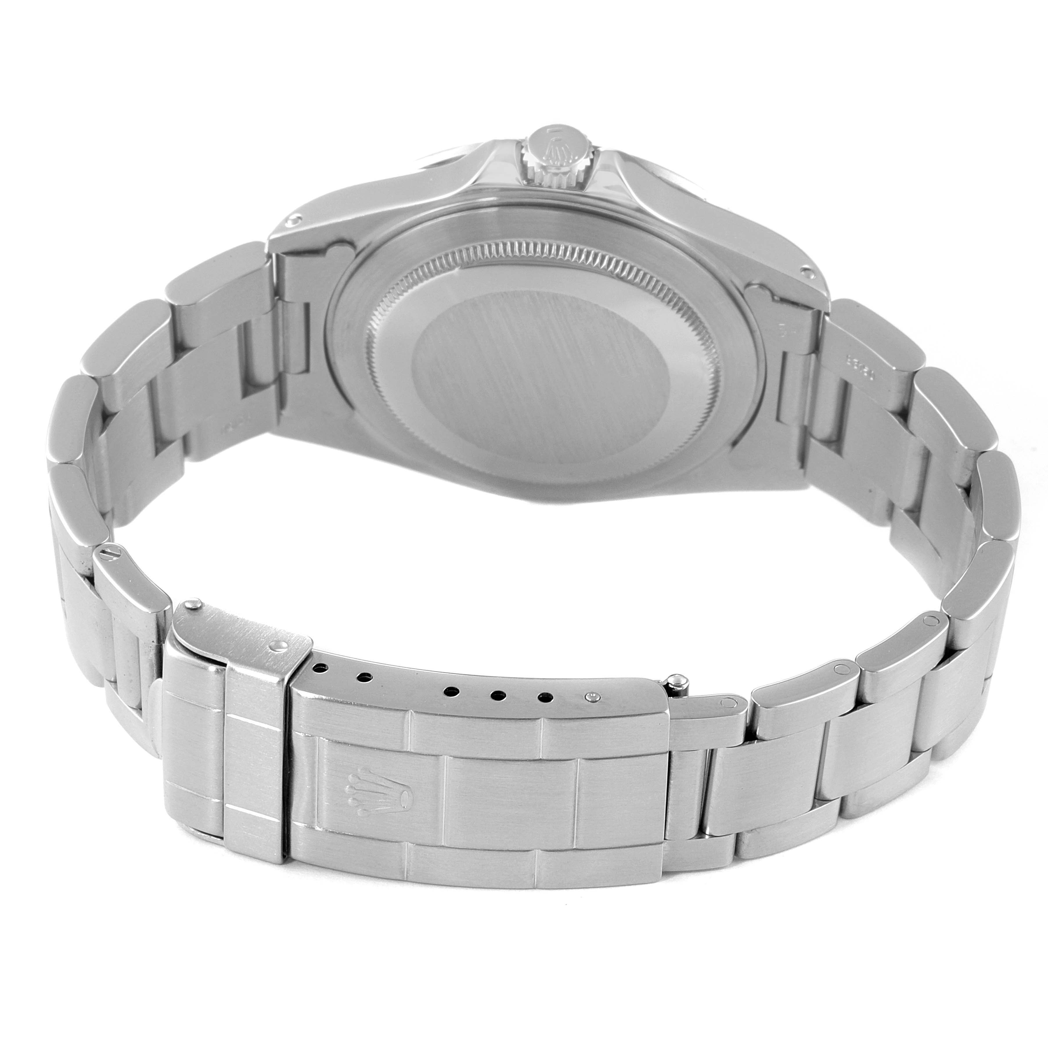 The image shows the back view of the Rolex Explorer 16570 Men's Stainless Steel Black Dial 16570 Men's Stainless Steel Black Dial watch, highlighting the case back and bracelet clasp.