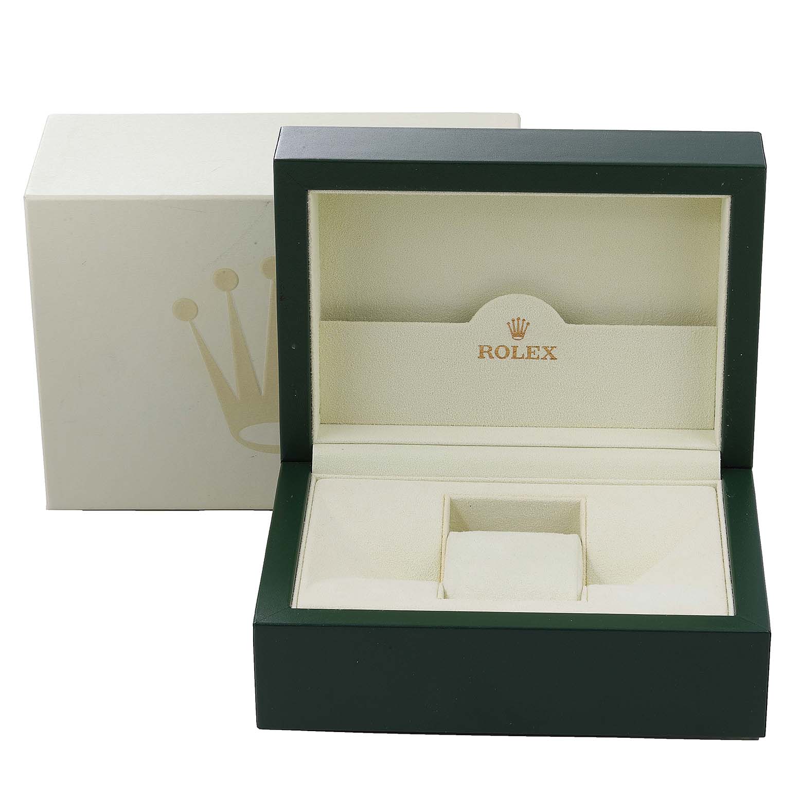 The image shows an open box for a Rolex Explorer 16570 Men's Stainless Steel Black Dial 16570 Men's Stainless Steel Black Dial model, including the outer cardboard box and the inner green and beige presentation box.