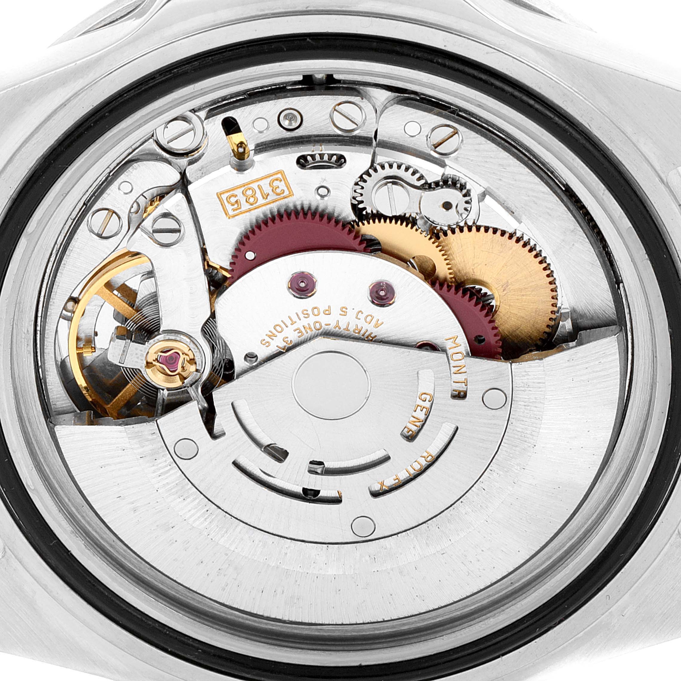 This image shows a close-up, inner view of the mechanical movement of a Rolex Explorer 16570 Men's Stainless Steel Black Dial 16570 Men's Stainless Steel Black Dial model watch.