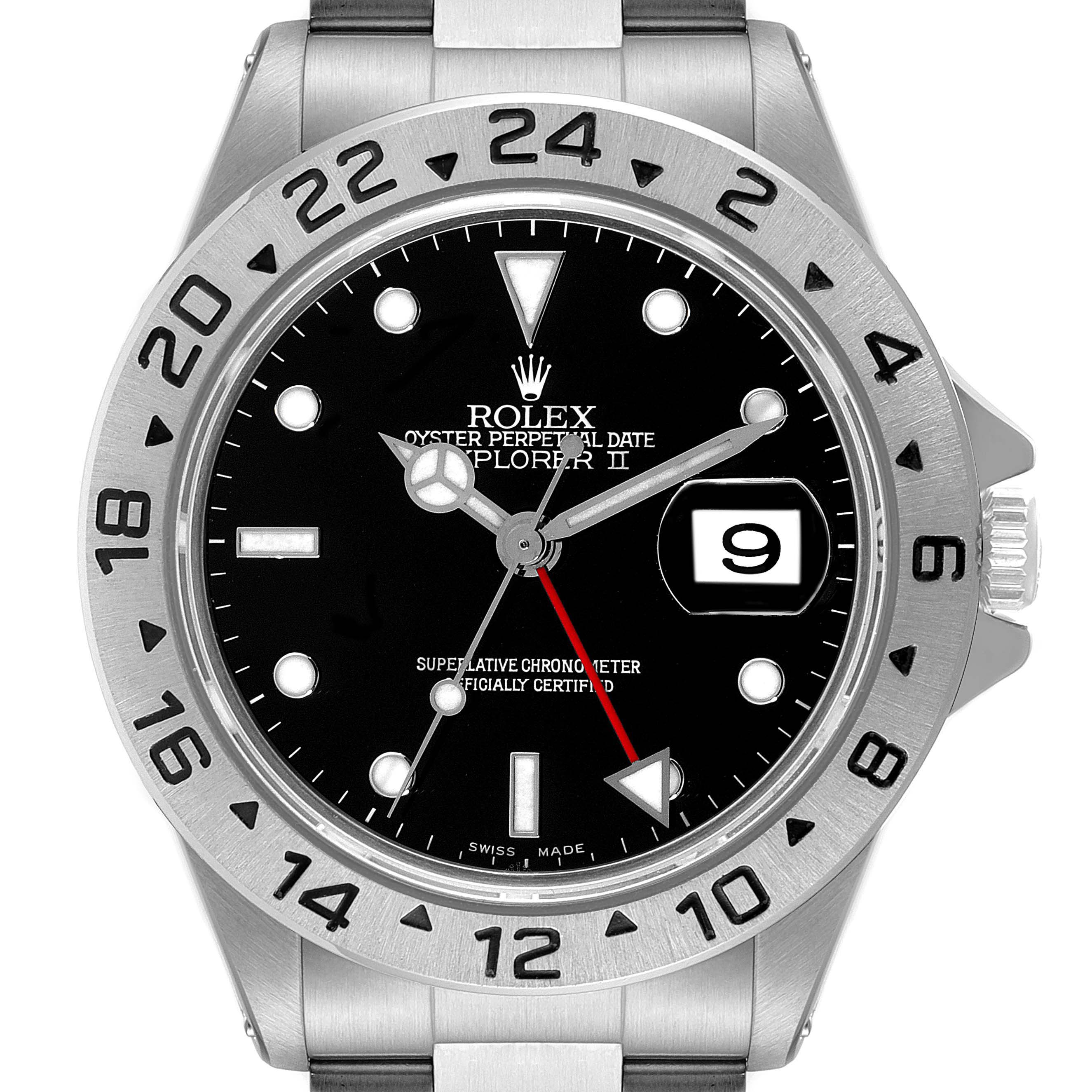 This image shows a frontal view of the Rolex Explorer 16570 Men's Stainless Steel Black Dial 16570 Men's Stainless Steel Black Dial watch, featuring the dial, bezel with 24-hour markers, and part of the bracelet.