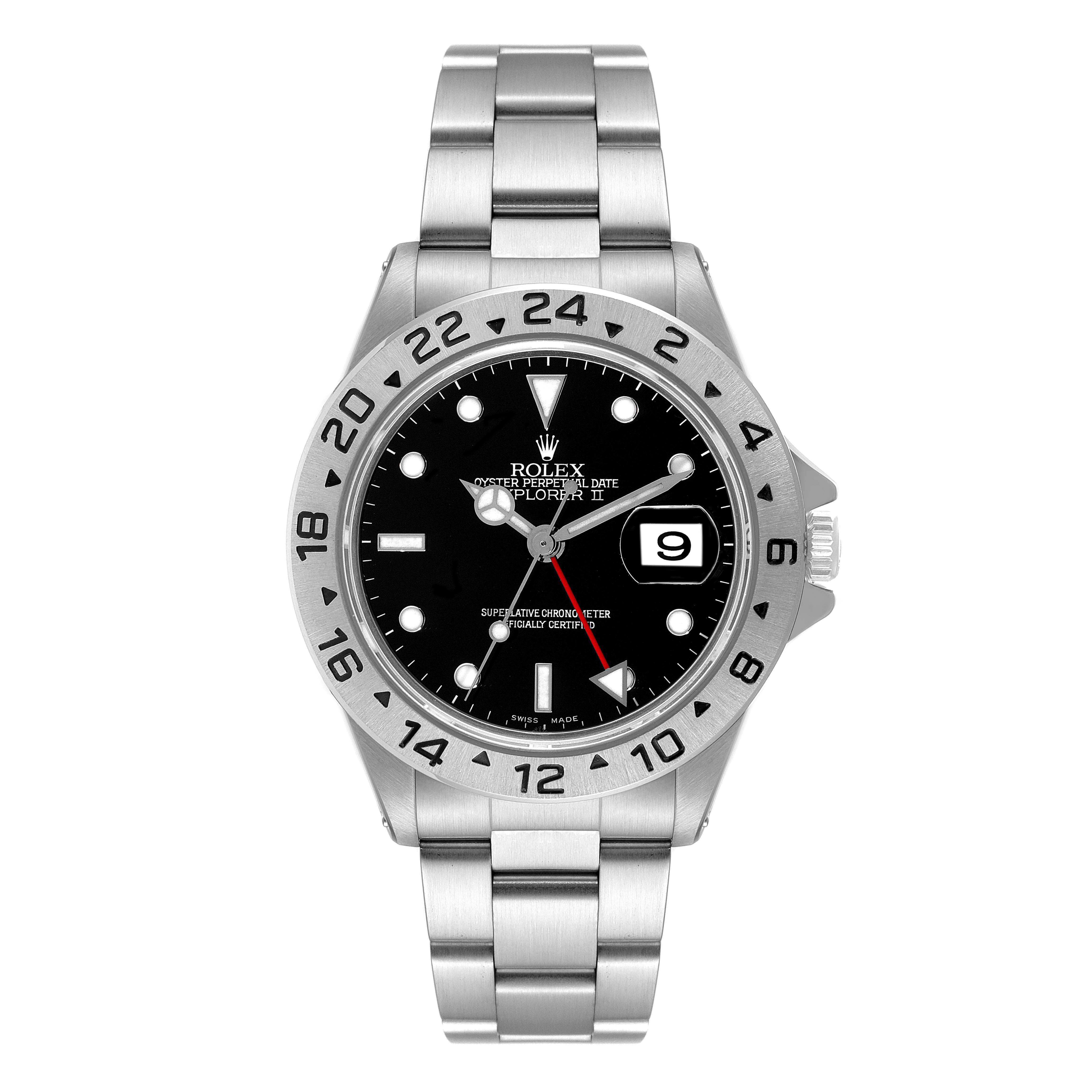 This image shows a front view of a Rolex Explorer 16570 Men's Stainless Steel Black Dial 16570 Men's Stainless Steel Black Dial watch, highlighting the dial, bezel, and bracelet.