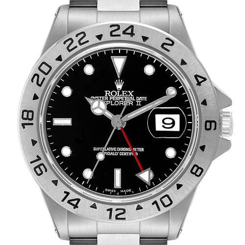 This image shows the Rolex Explorer II watch from a front angle, highlighting the bezel, dial, hands, crown, and date window.