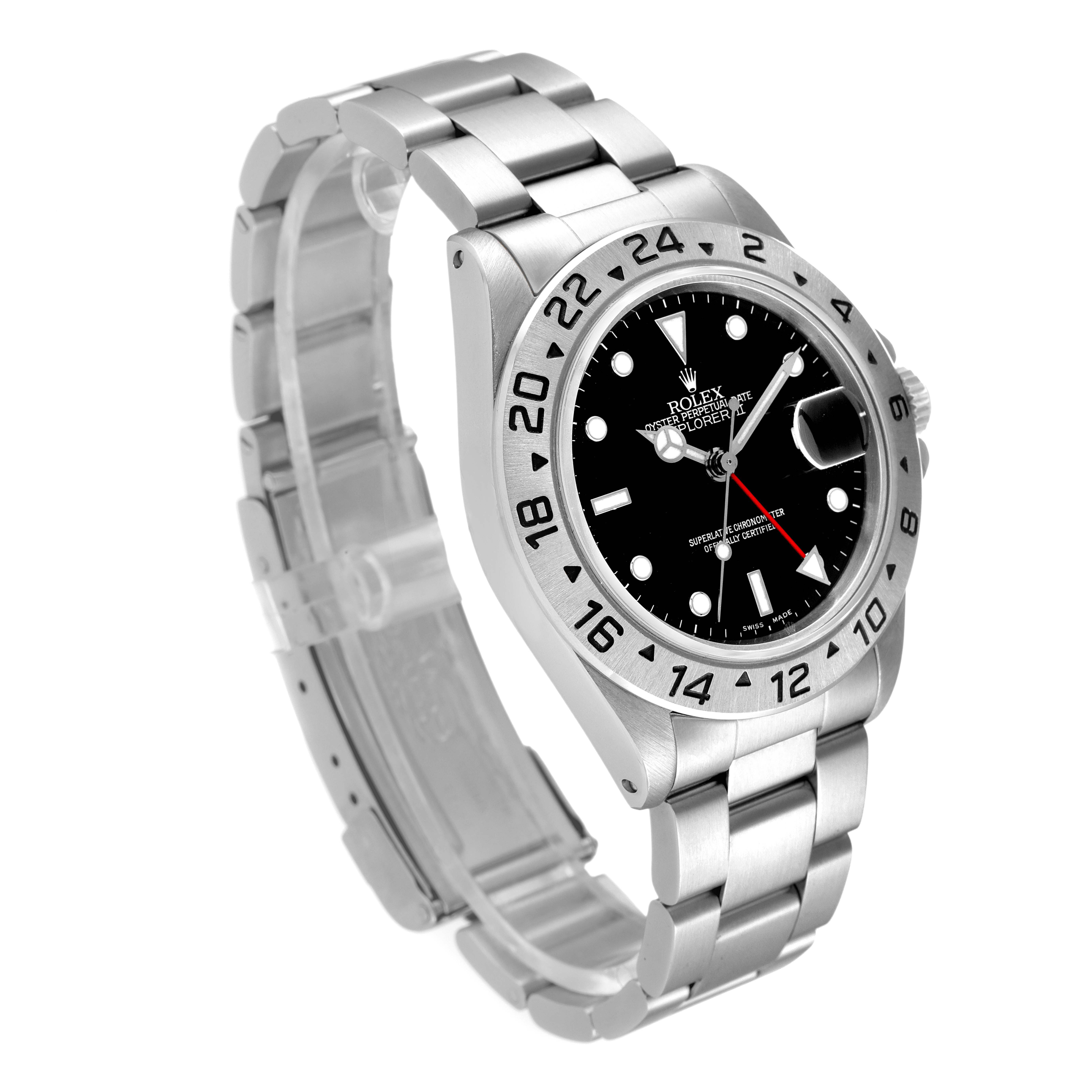 The image shows a Rolex Explorer 16570 Men's Stainless Steel Black Dial 16570 Men's Stainless Steel Black Dial model watch from an angled view highlighting the bezel, dial, and bracelet.