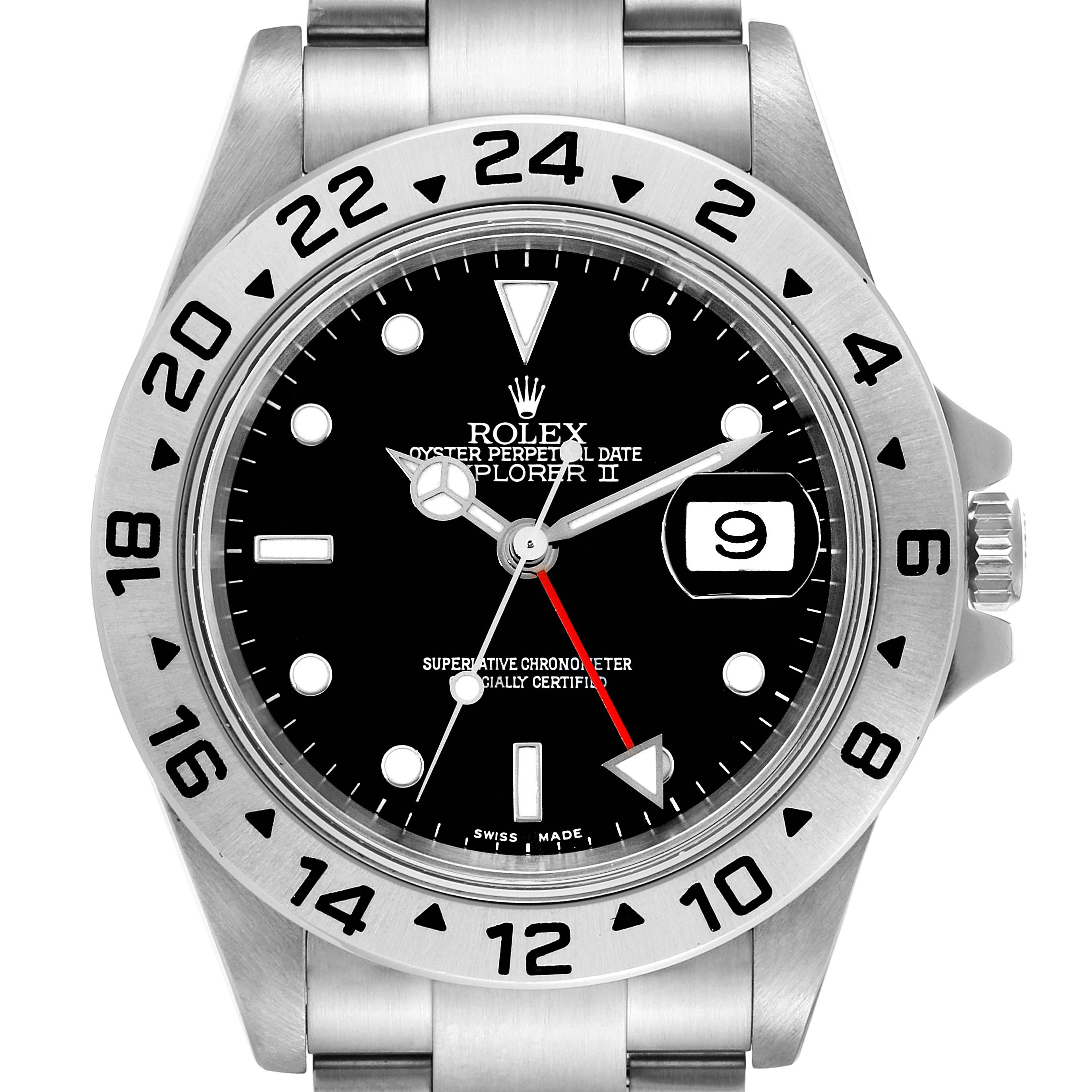 The image shows a front view of the Rolex Explorer 16570 Men
s Stainless Steel Black Dial 16570 Men
s Stainless Steel Black Dial watch, highlighting the dial, bezel, and part of the bracelet.