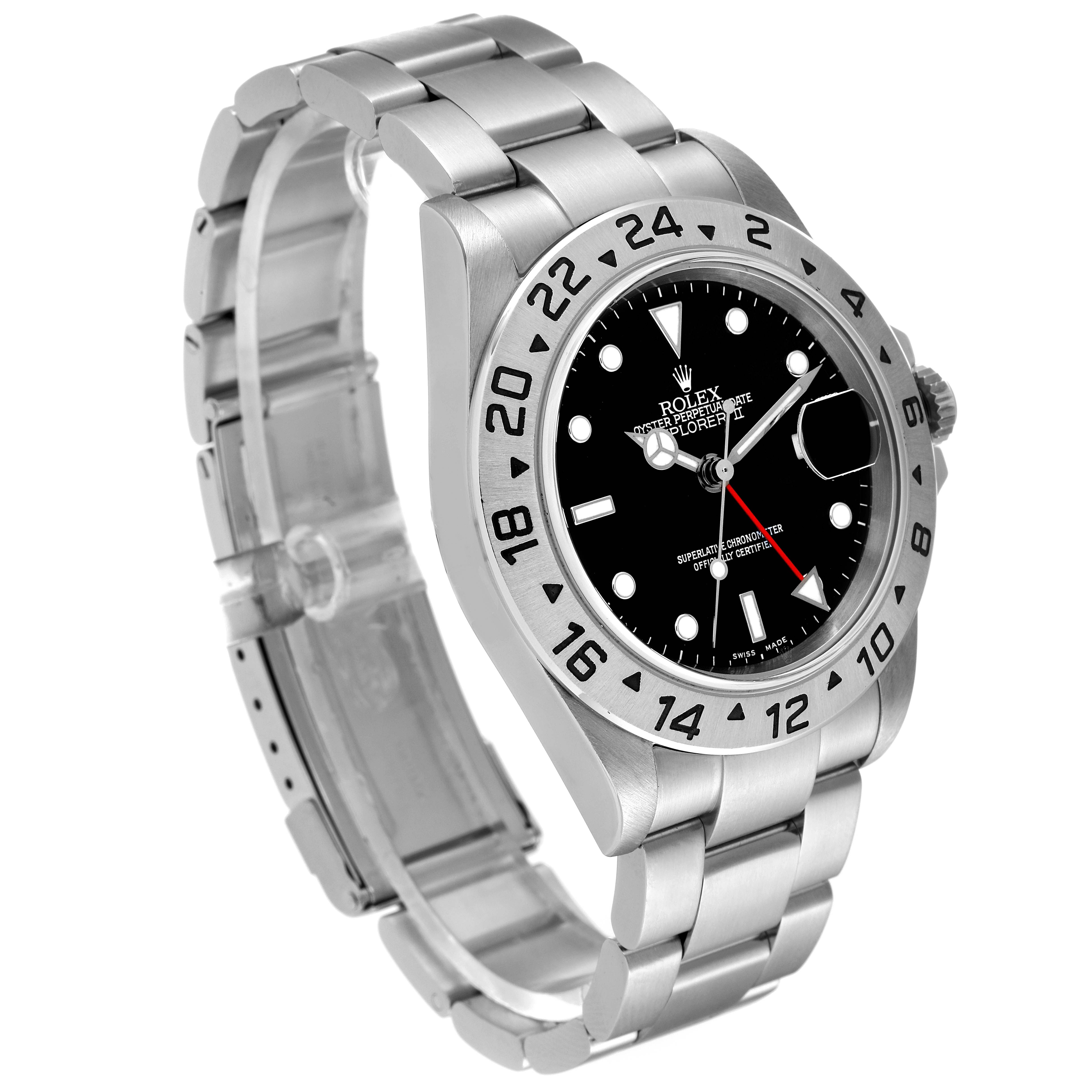 The image shows a Rolex Explorer 16570 Men
s Stainless Steel Black Dial 16570 Men
s Stainless Steel Black Dial watch at an angled side view, featuring its bezel, dial, bracelet, and clasp details.