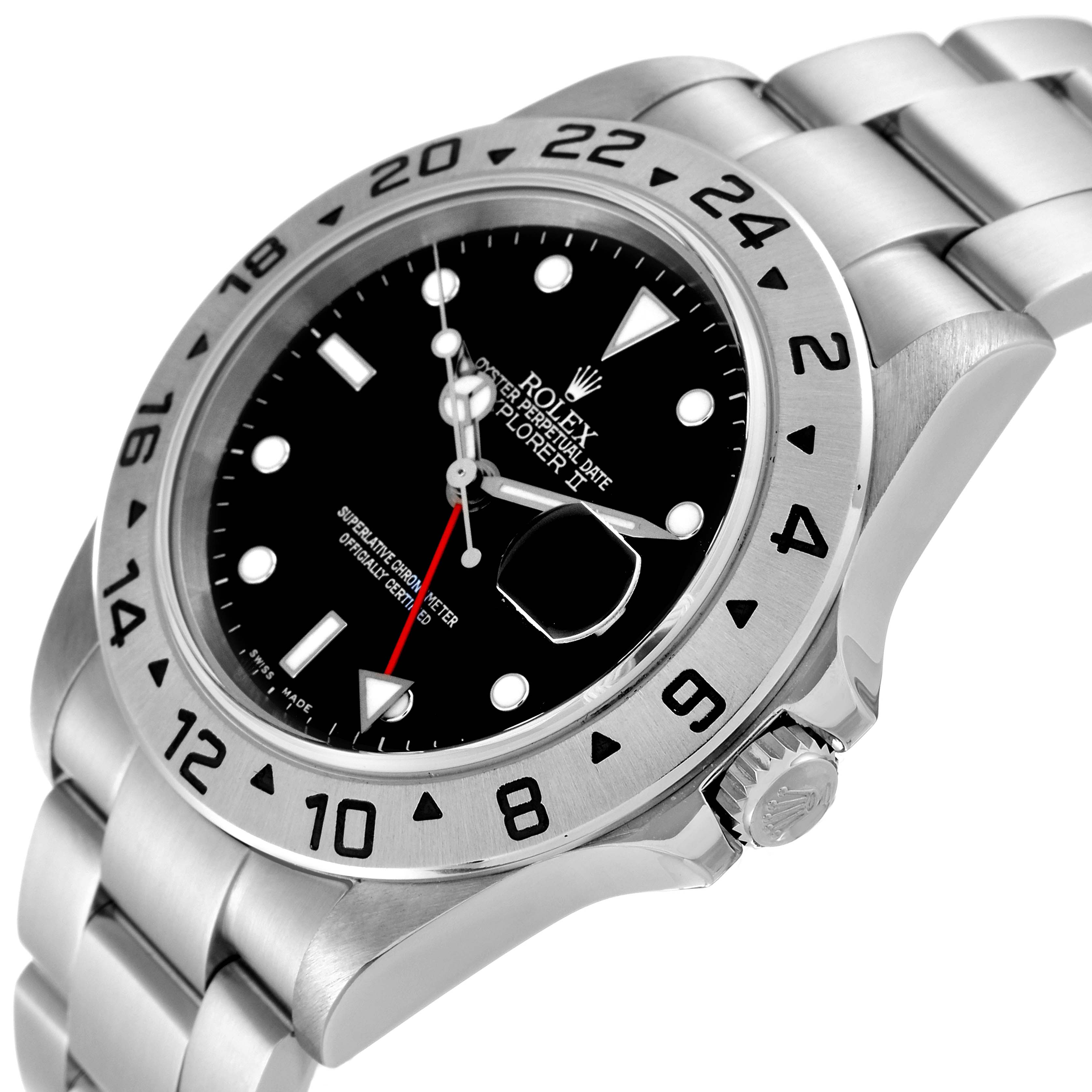 The image shows a side view angle of a Rolex Explorer 16570 Men
s Stainless Steel Black Dial 16570 Men
s Stainless Steel Black Dial model, highlighting its bezel, crown, and bracelet.