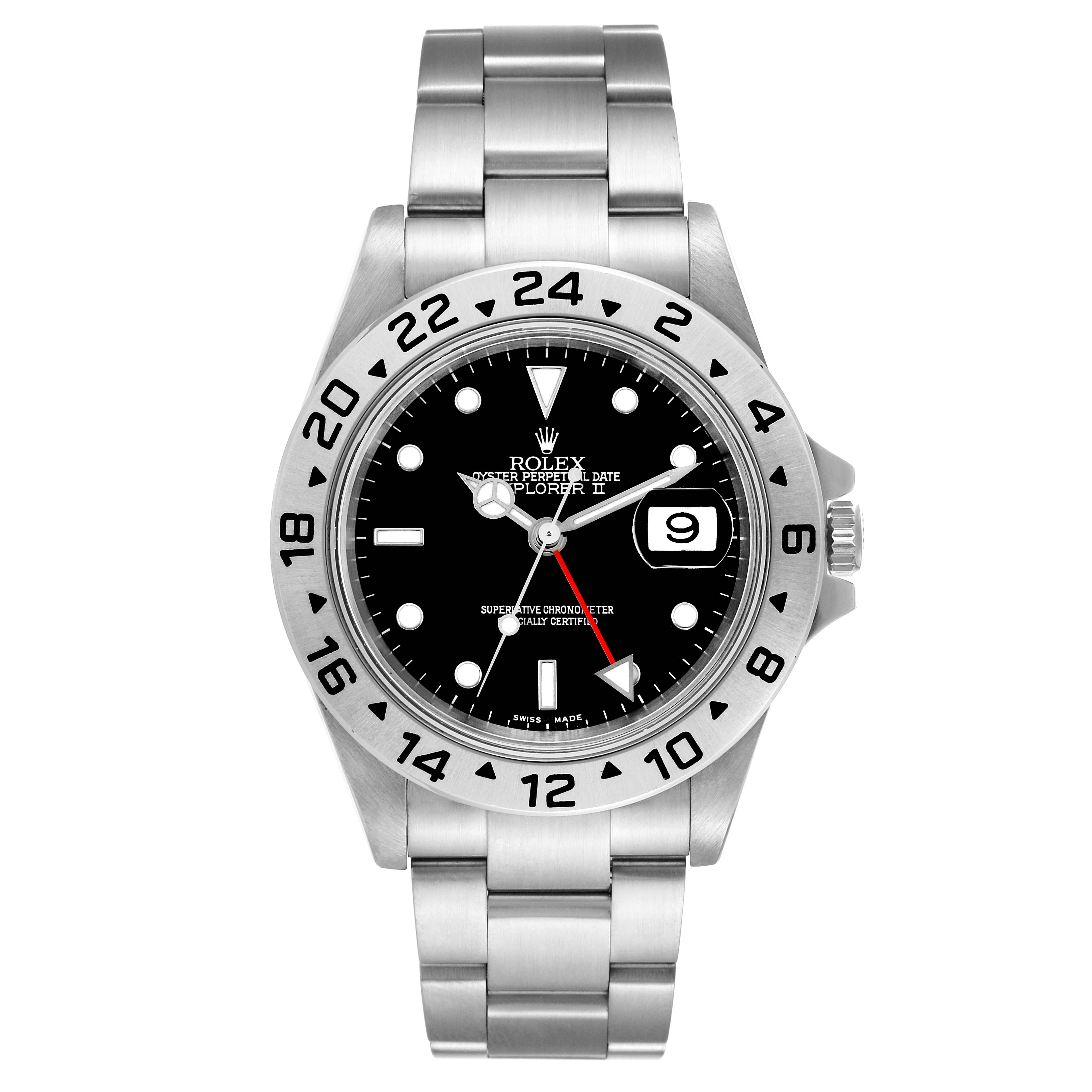 This image shows a frontal view of the Rolex Explorer 16570 Men
s Stainless Steel Black Dial 16570 Men
s Stainless Steel Black Dial II, displaying its bezel, dial, hands, date window, and bracelet.