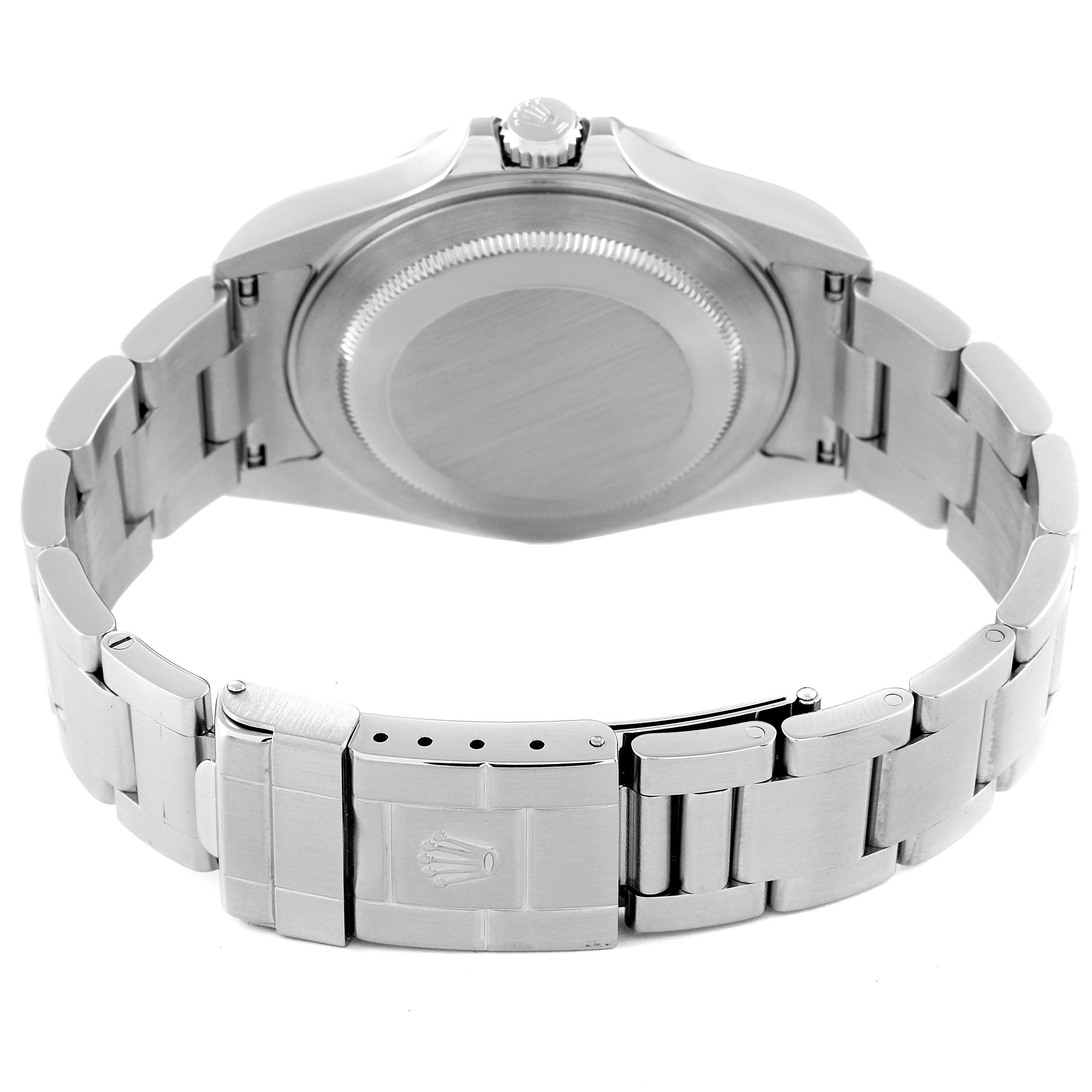 The image shows the back view of the Rolex Explorer 16570 Men
s Stainless Steel Black Dial 16570 Men
s Stainless Steel Black Dial watch, highlighting the case back and bracelet clasp.