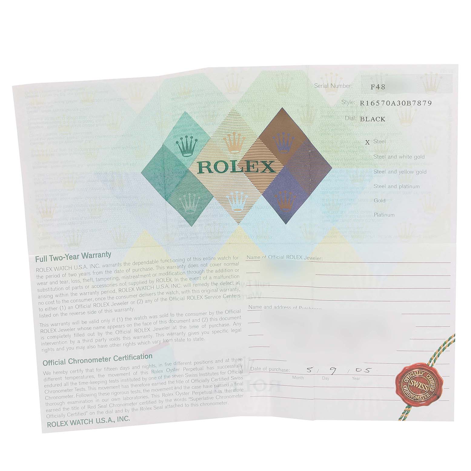 The image shows a warranty and certification document for the Rolex Explorer 16570 Men
s Stainless Steel Black Dial 16570 Men
s Stainless Steel Black Dial model watch.