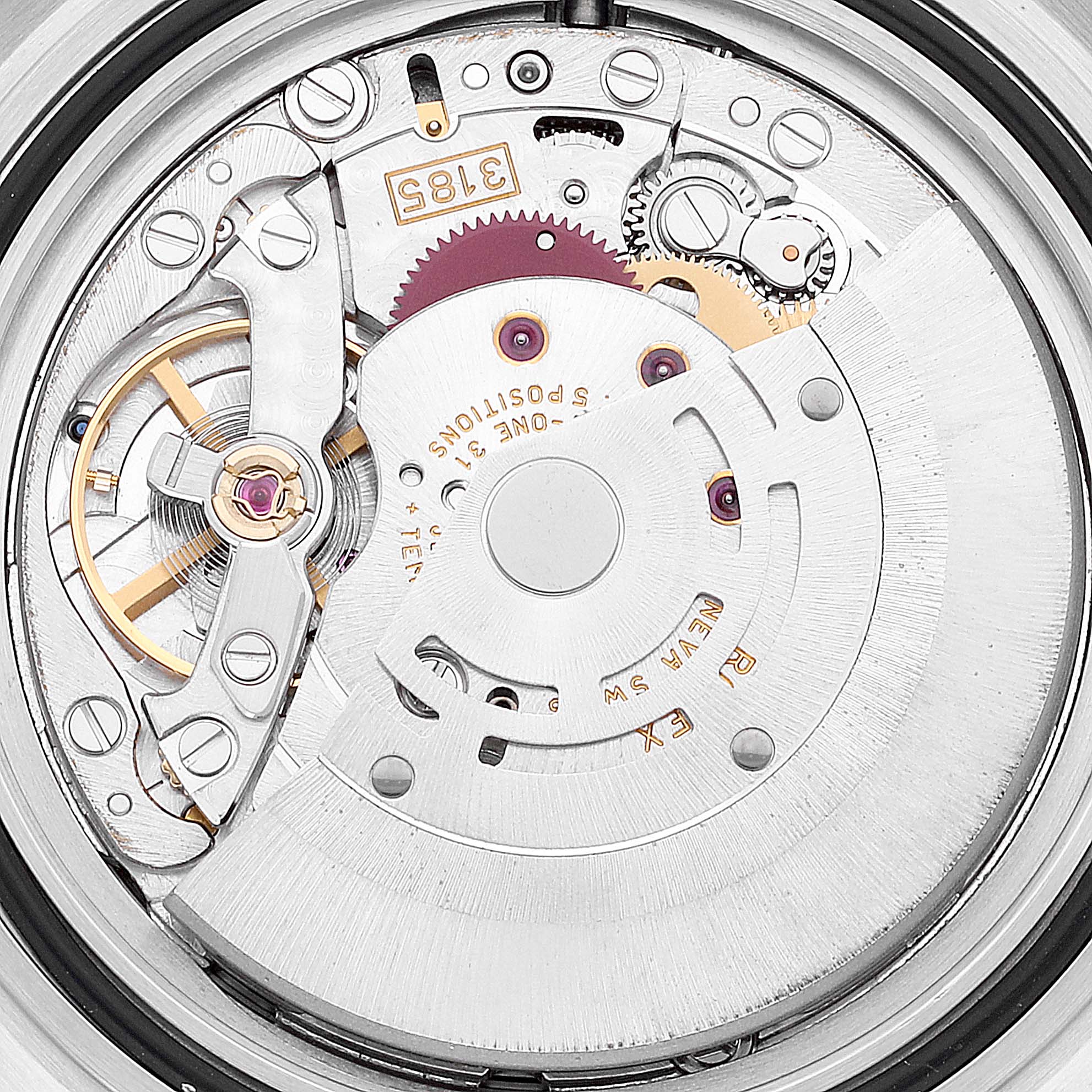 The image shows the internal mechanism of a Rolex Explorer 16570 Men
s Stainless Steel Black Dial 16570 Men
s Stainless Steel Black Dial watch, captured from a top-down angle.