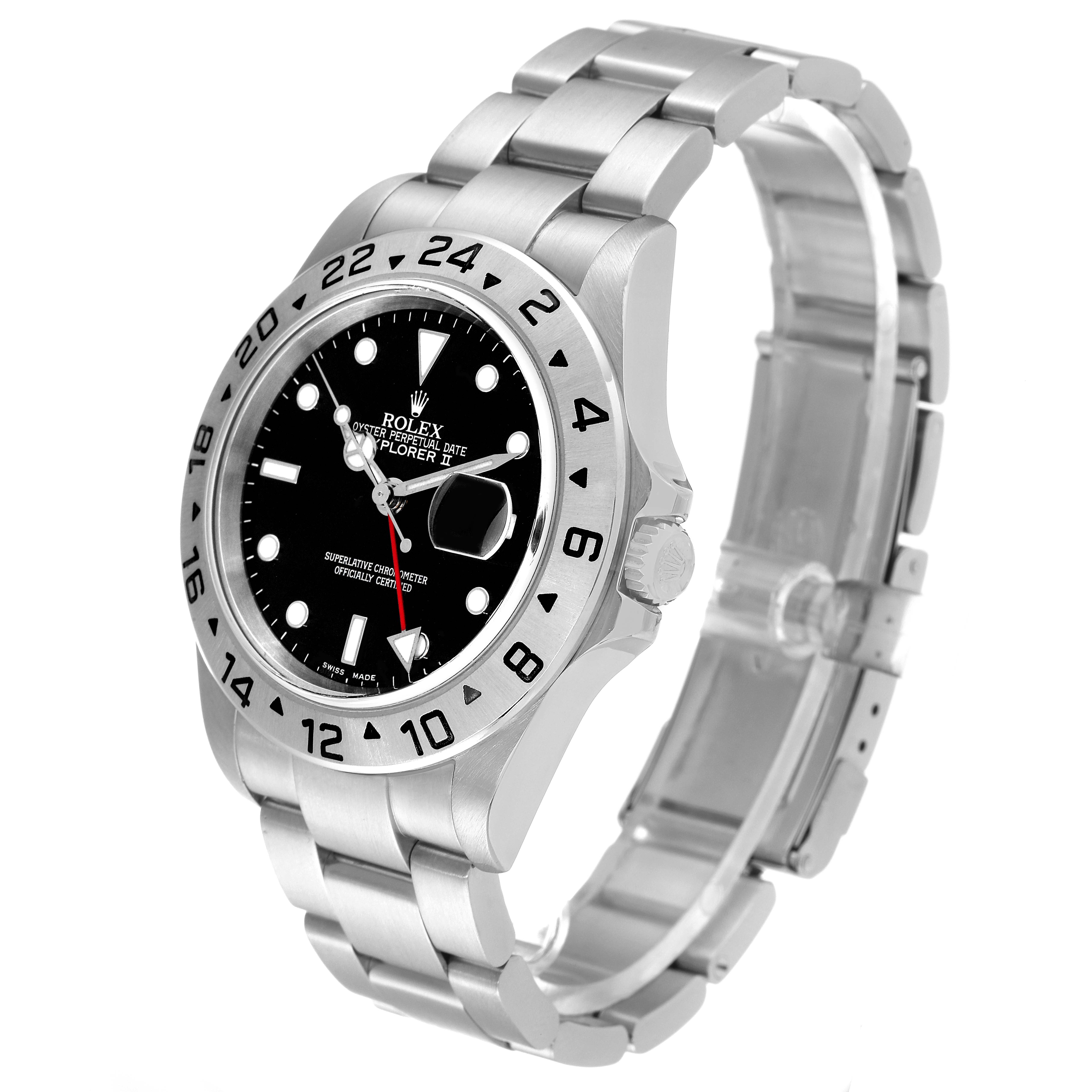The Rolex Explorer 16570 Men
s Stainless Steel Black Dial 16570 Men
s Stainless Steel Black Dial watch is shown at a slight angle, detailing its silver bracelet, black dial, and marked bezel.