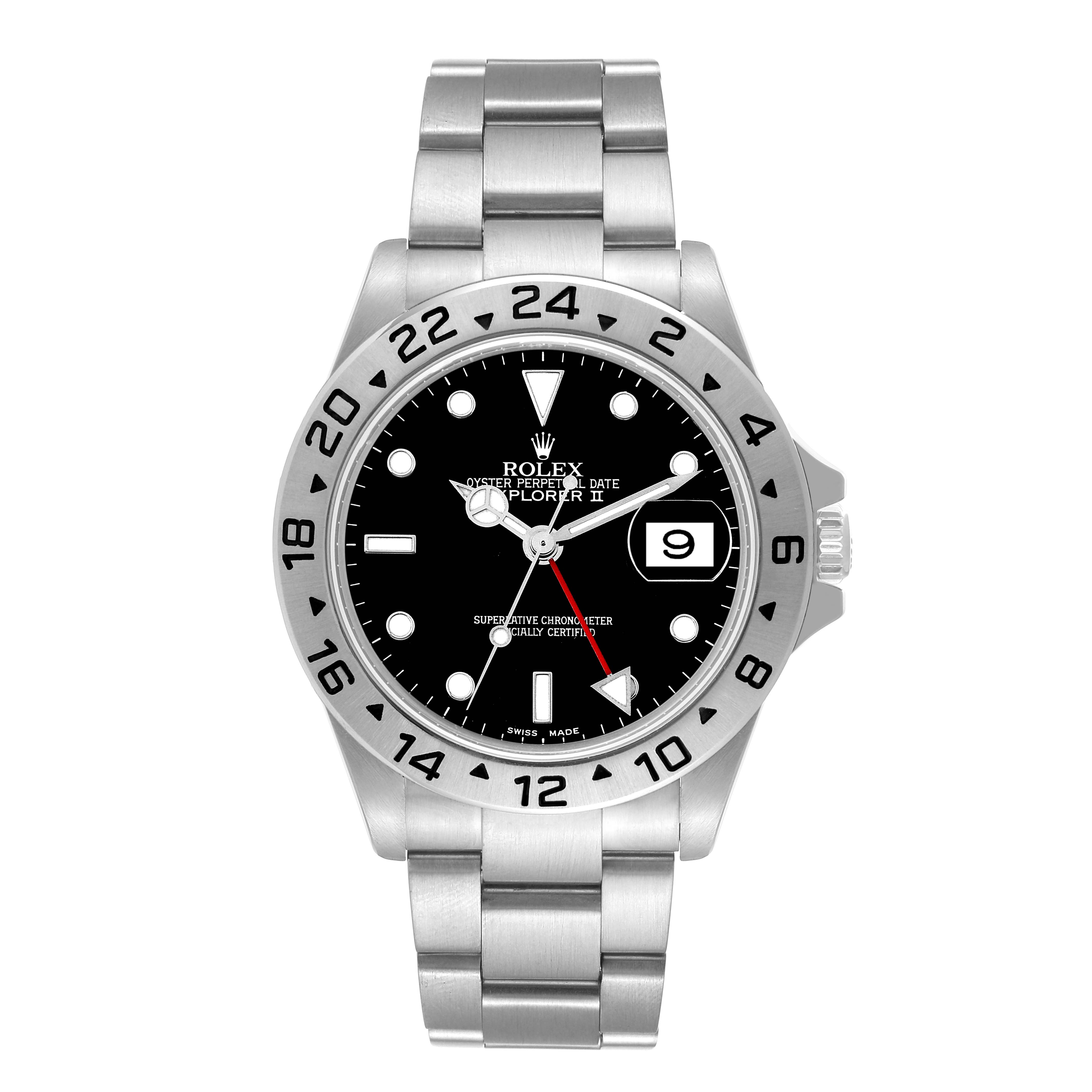 The image shows a front view of the Rolex Explorer 16570 Men
s Stainless Steel Black Dial 16570 Men
s Stainless Steel Black Dial watch, detailing its face, bracelet, bezel, and crown.