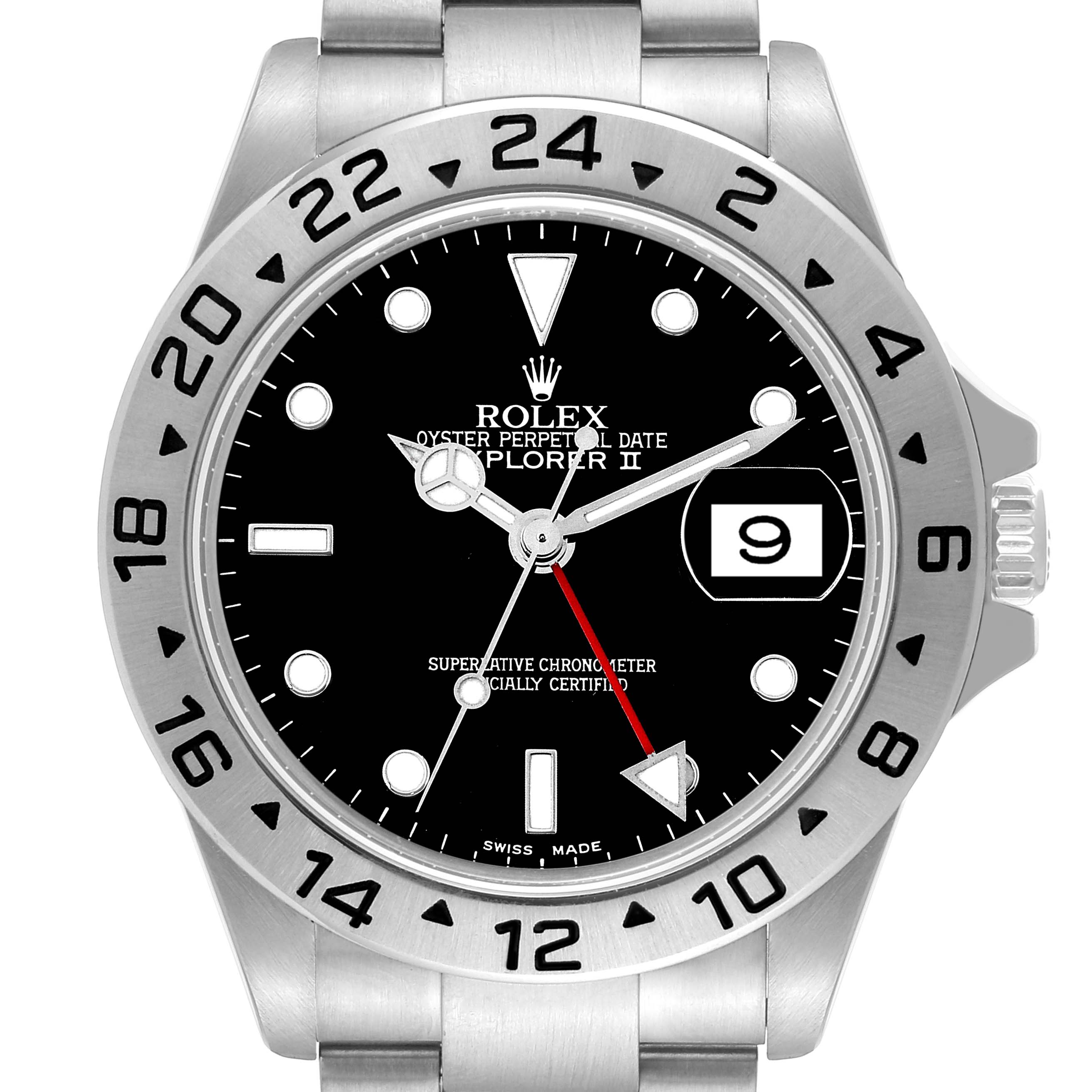 The image shows a front view of a Rolex Explorer 16570 Men
s Stainless Steel Black Dial 16570 Men
s Stainless Steel Black Dial watch, displaying its dial, bezel, and part of the bracelet.