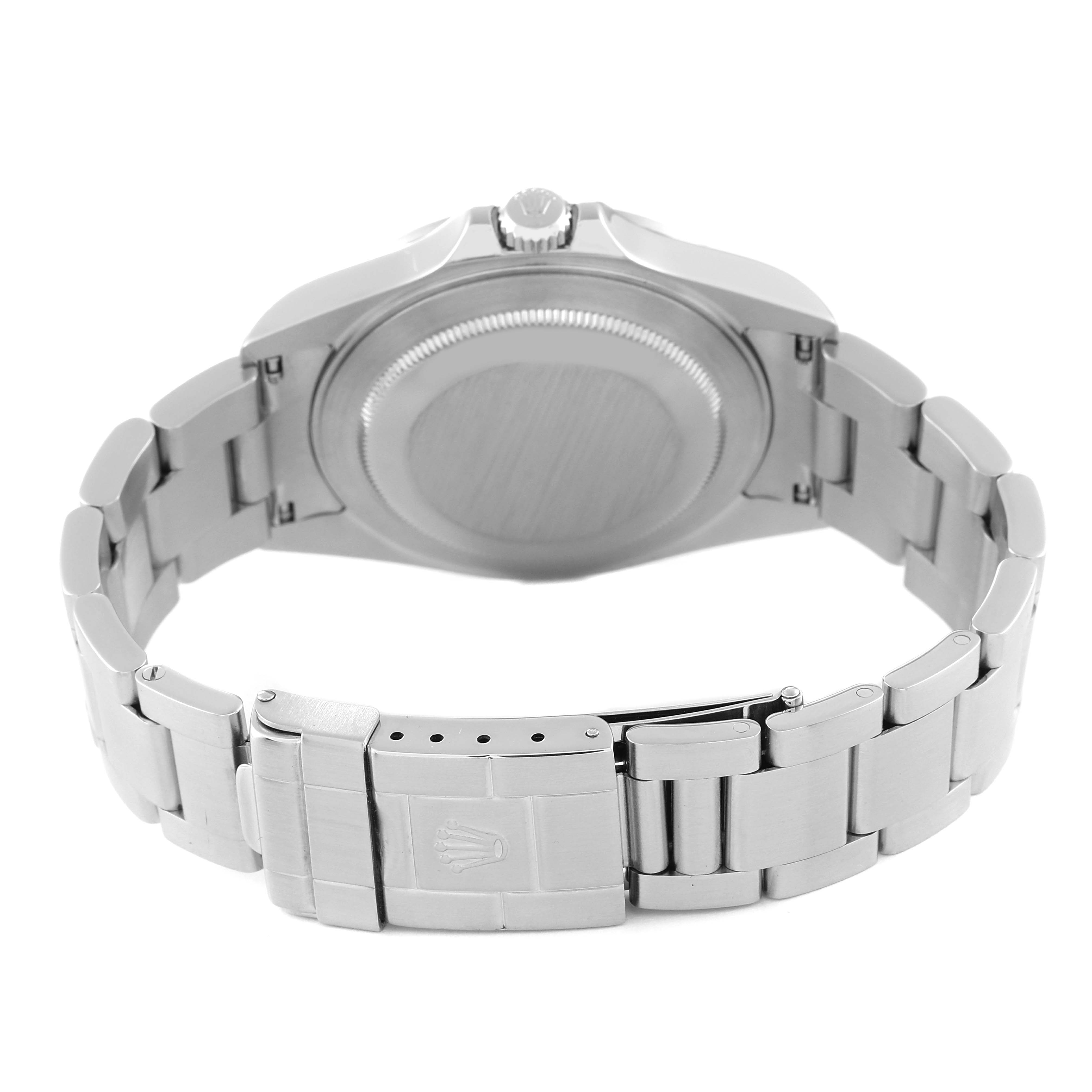 The image shows the back view of a Rolex Explorer 16570 Men
s Stainless Steel Black Dial 16570 Men
s Stainless Steel Black Dial model, emphasizing the clasp, bracelet, and case back.