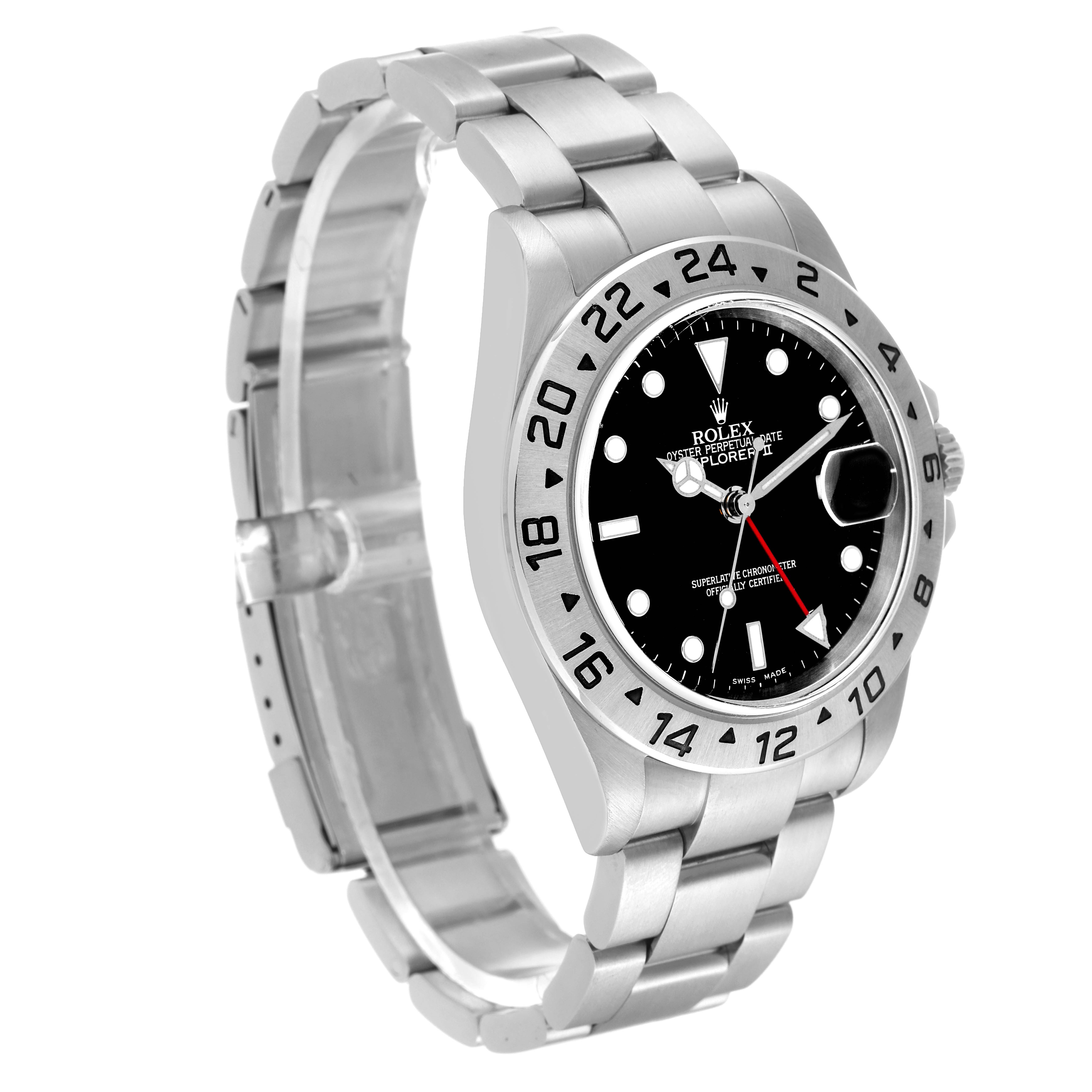 The Rolex Explorer 16570 Men
s Stainless Steel Black Dial 16570 Men
s Stainless Steel Black Dial watch is shown from a three-quarter angle, displaying the dial, case, bezel, crown, and part of the bracelet.