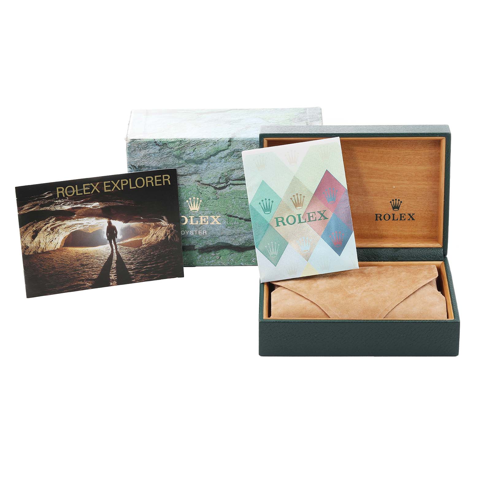 The image shows the packaging and accessories for the Rolex Explorer 16570 Men
s Stainless Steel Black Dial 16570 Men
s Stainless Steel Black Dial watch, including the box, brochures, and a suede pouch.