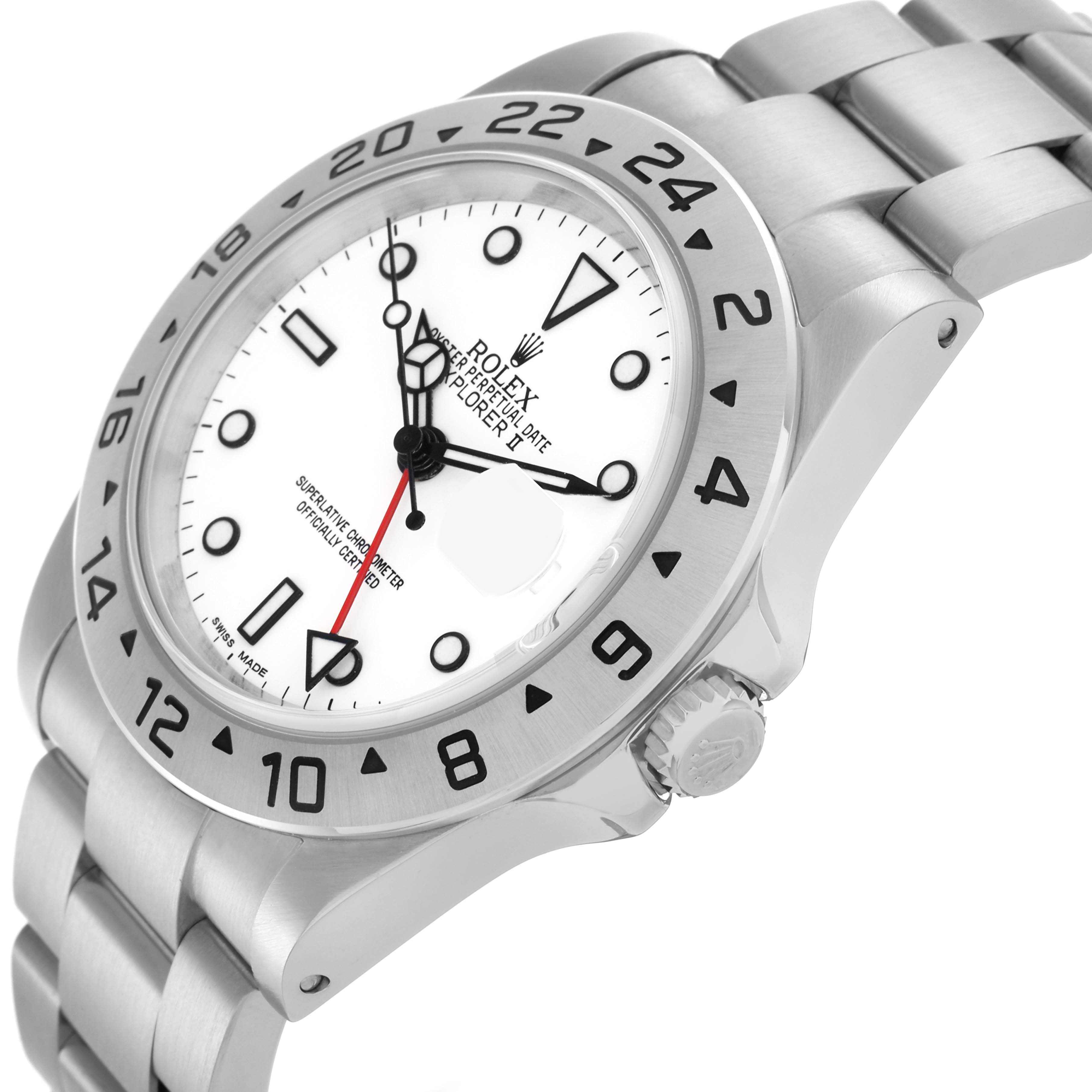 The Rolex Explorer 16570 Men's Stainless Steel White Dial 16570 Men's Stainless Steel White Dial model watch is shown at a slight angle, highlighting the face, bezel, crown, and bracelet.