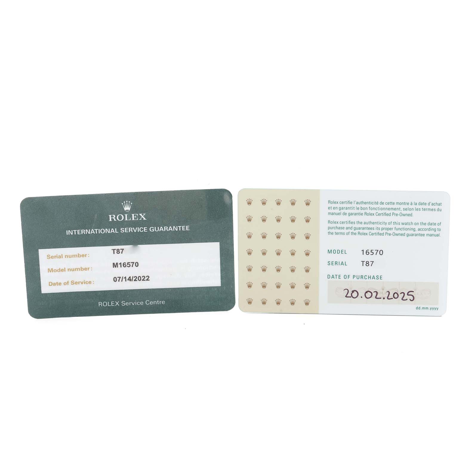 The image shows the Rolex Explorer 16570 Men's Stainless Steel White Dial 16570 Men's Stainless Steel White Dial model's international service guarantee and authenticity cards.