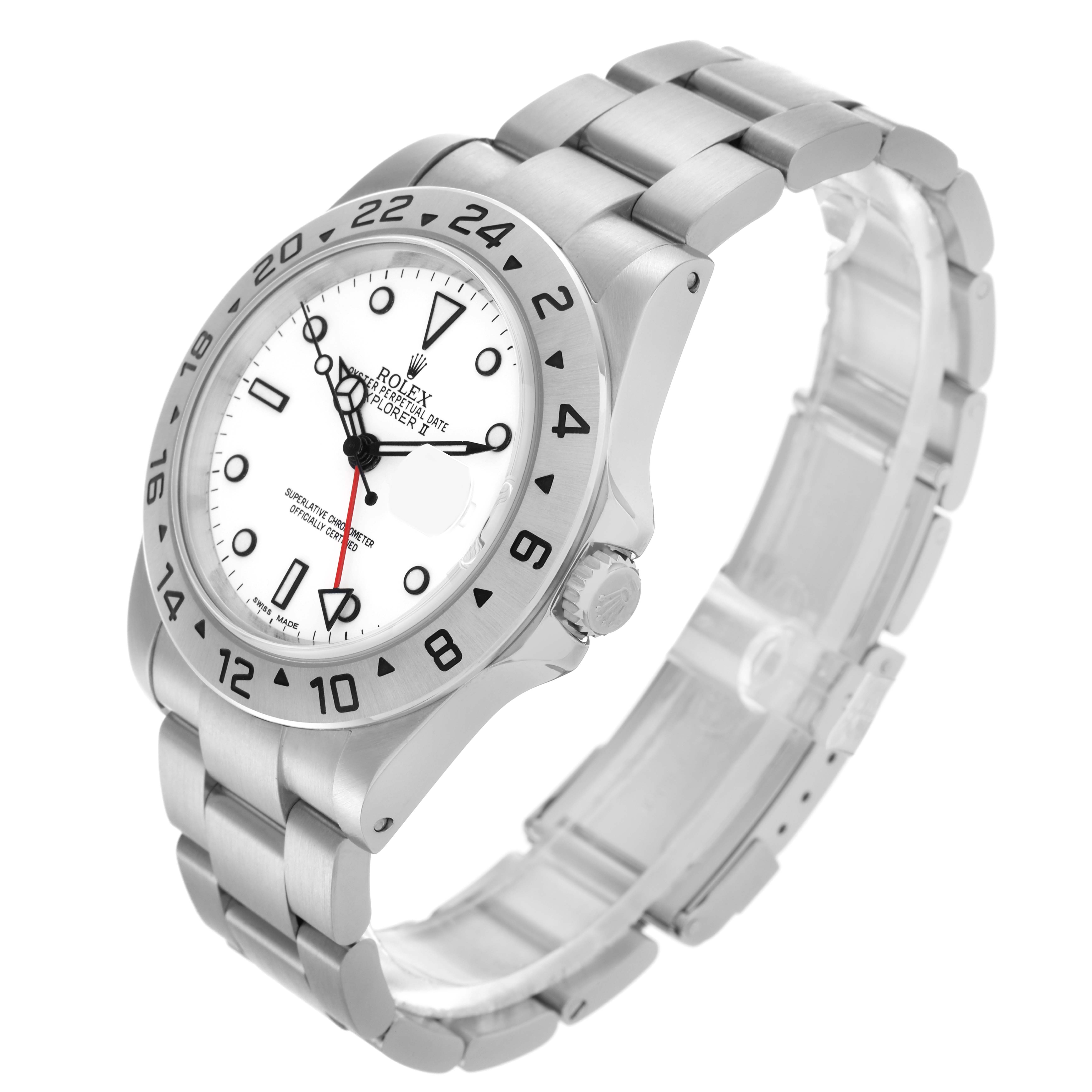 The Rolex Explorer 16570 Men's Stainless Steel White Dial 16570 Men's Stainless Steel White Dial watch is shown at a three-quarter angle, displaying the face, bezel, crown, and metal bracelet.