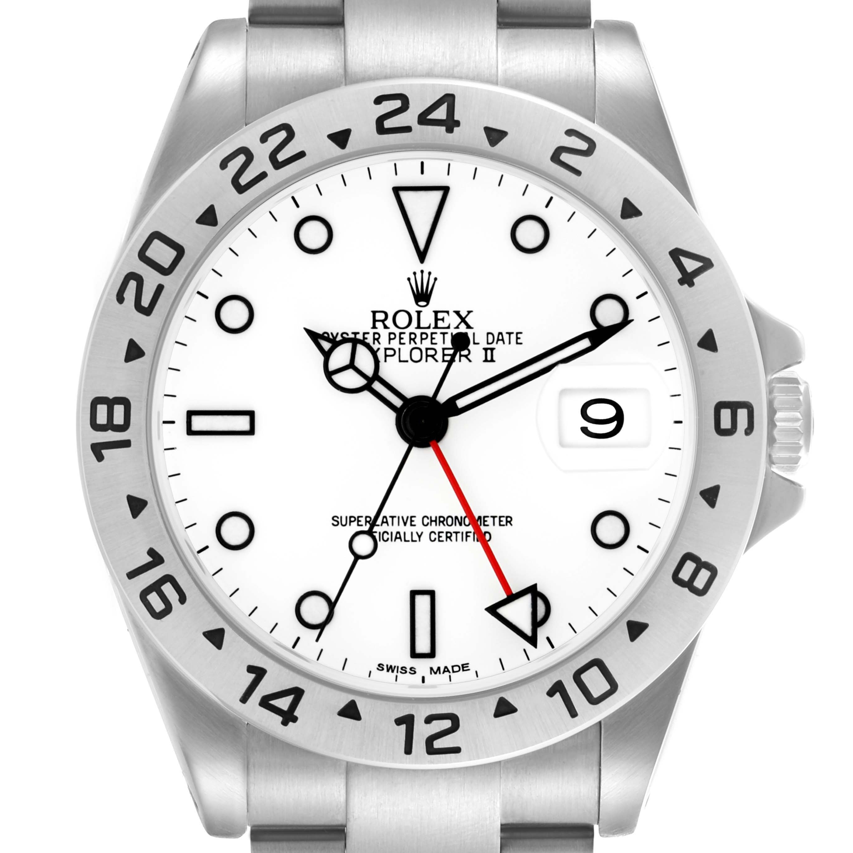 The Rolex Explorer 16570 Men's Stainless Steel White Dial 16570 Men's Stainless Steel White Dial watch is shown from a top view, highlighting the dial, bezel, hands, and date window.