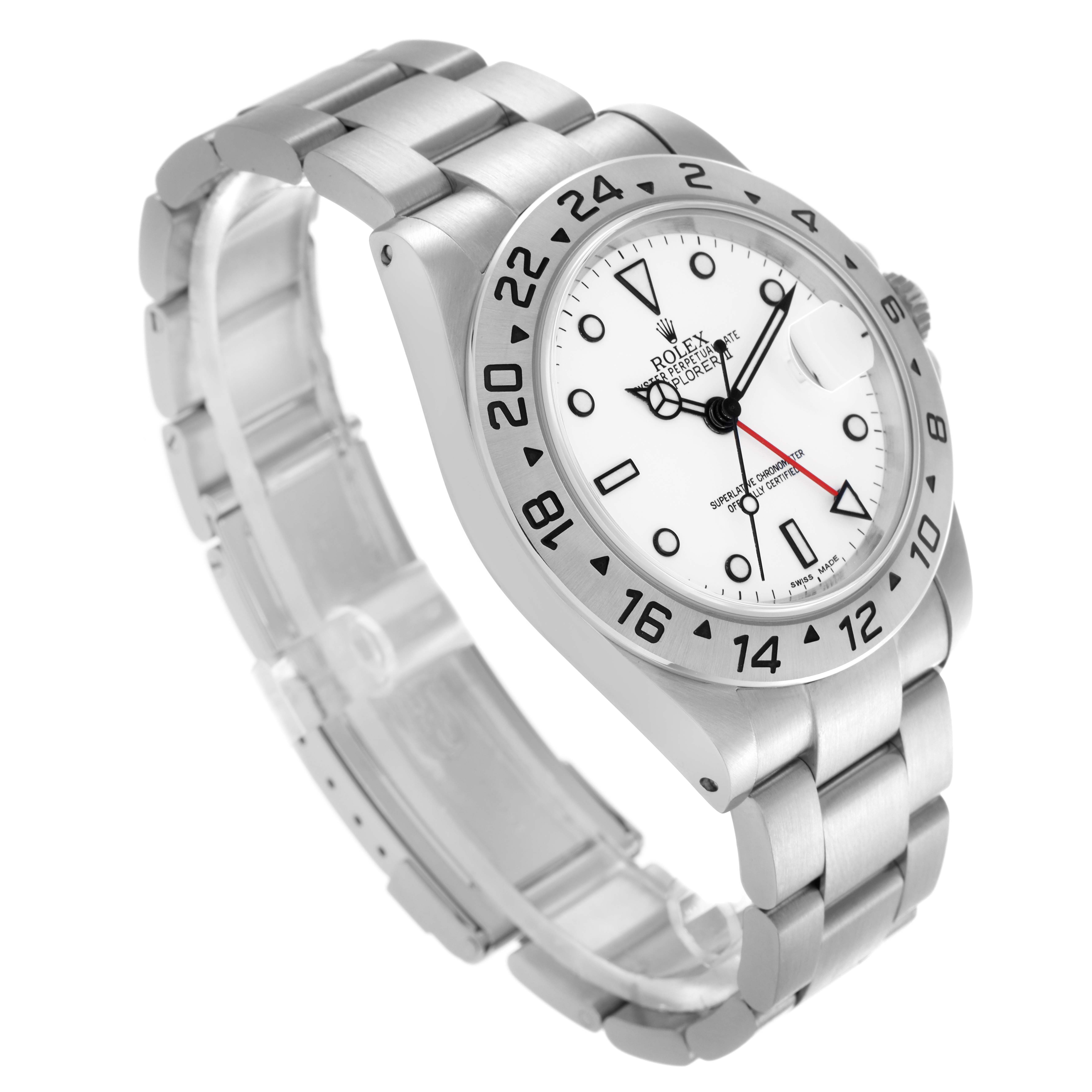 The Rolex Explorer 16570 Men's Stainless Steel White Dial 16570 Men's Stainless Steel White Dial watch is shown at a three-quarter angle, displaying the face, bezel, and bracelet prominently.
