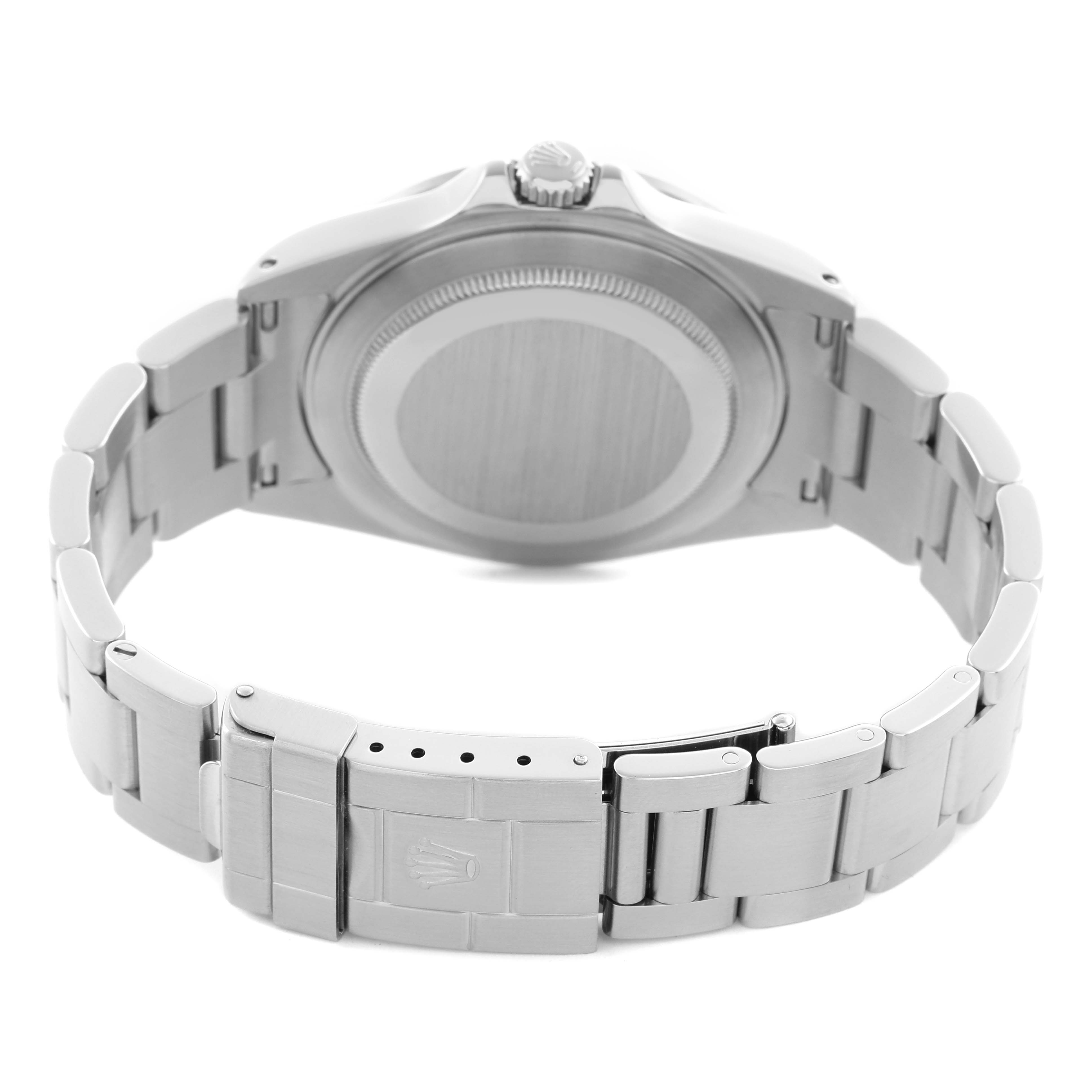 The image shows the back view of a Rolex Explorer 16570 Men's Stainless Steel White Dial 16570 Men's Stainless Steel White Dial watch, highlighting the closed stainless steel bracelet and case back.