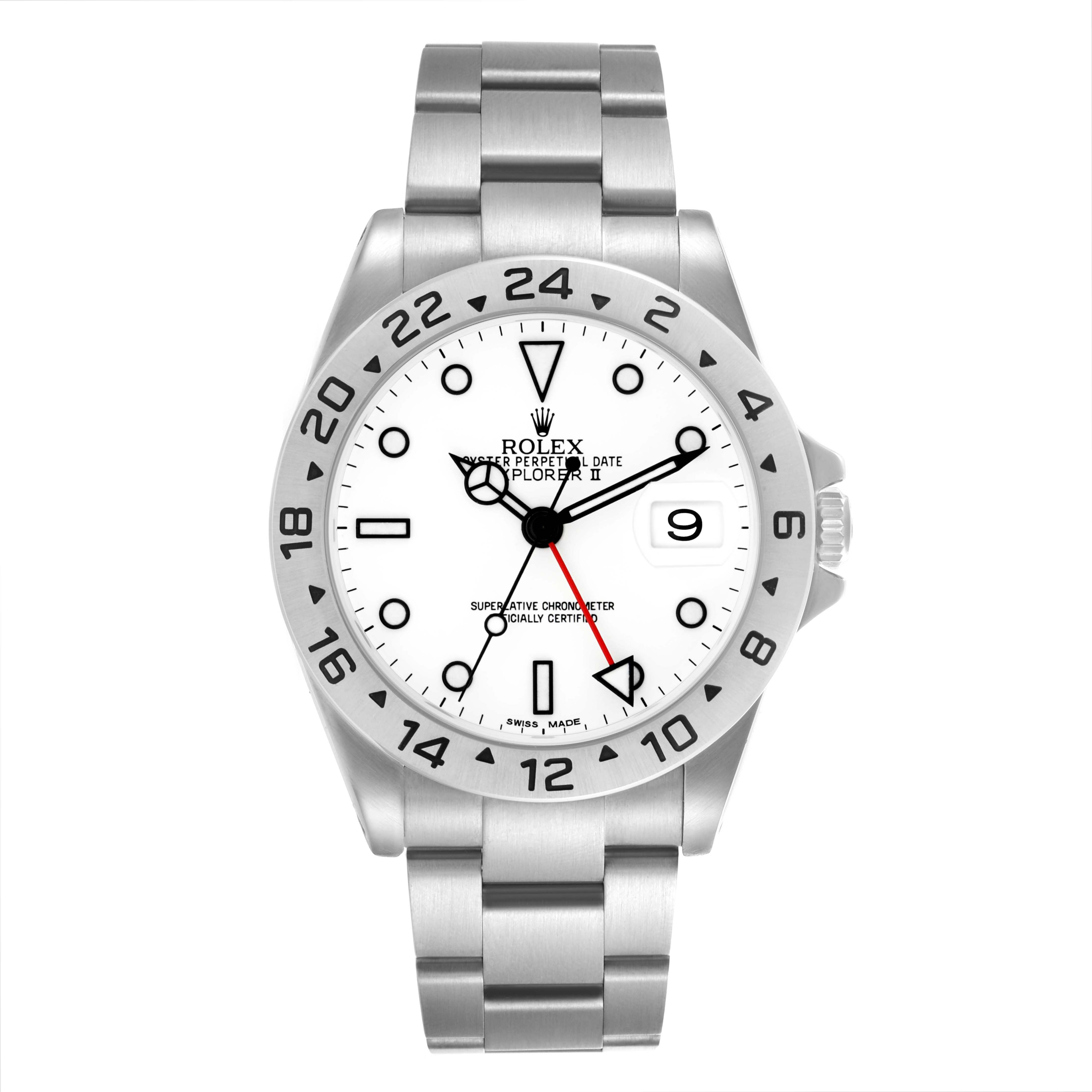 The Rolex Explorer 16570 Men's Stainless Steel White Dial 16570 Men's Stainless Steel White Dial watch is shown from the front, highlighting the dial, bezel, and bracelet.