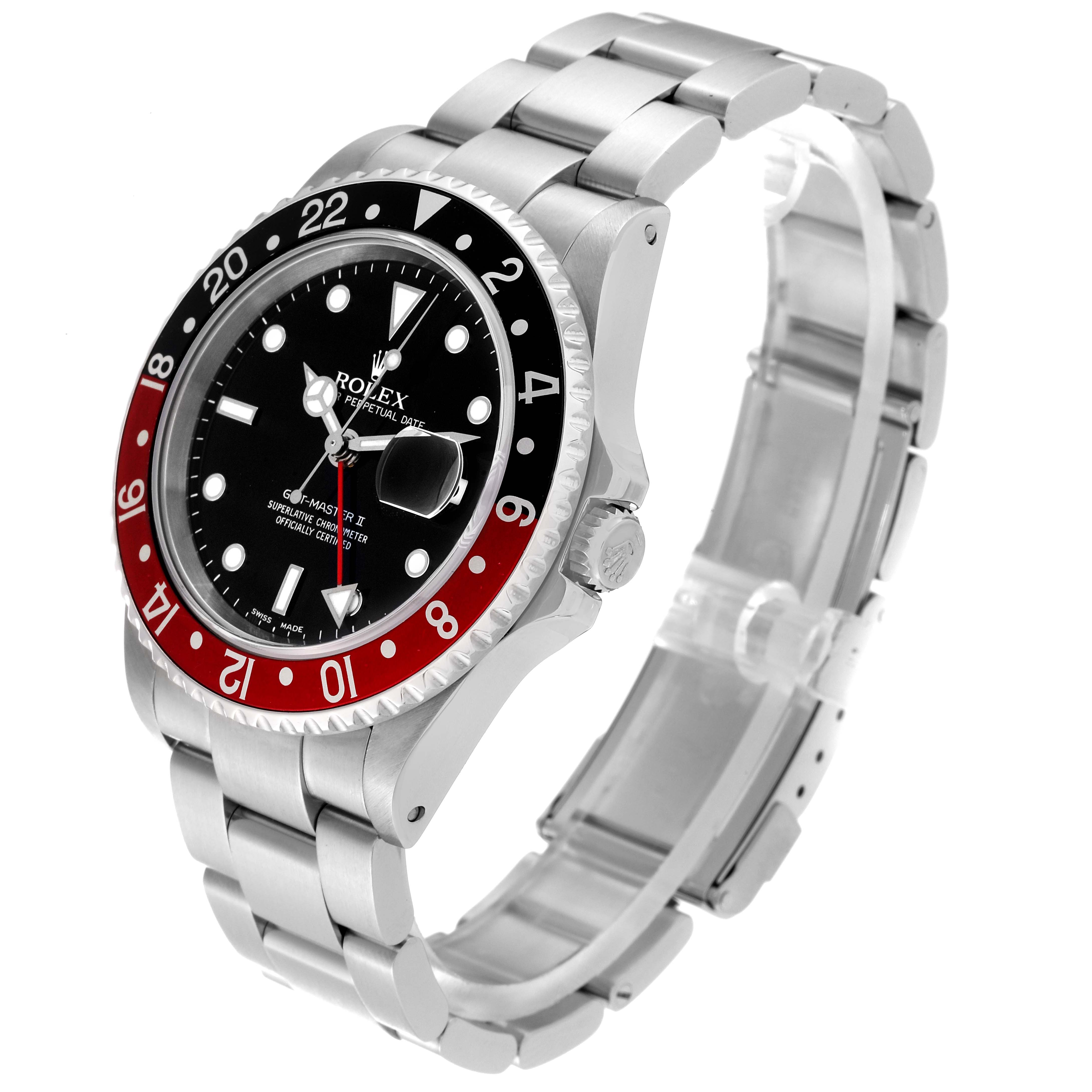 The image shows a side-angle view of a Rolex GMT-Master 16710 Men's Stainless Steel Black Dial 16710 Men's Stainless Steel Black Dial II watch, highlighting its bezel, dial, and stainless steel bracelet.
