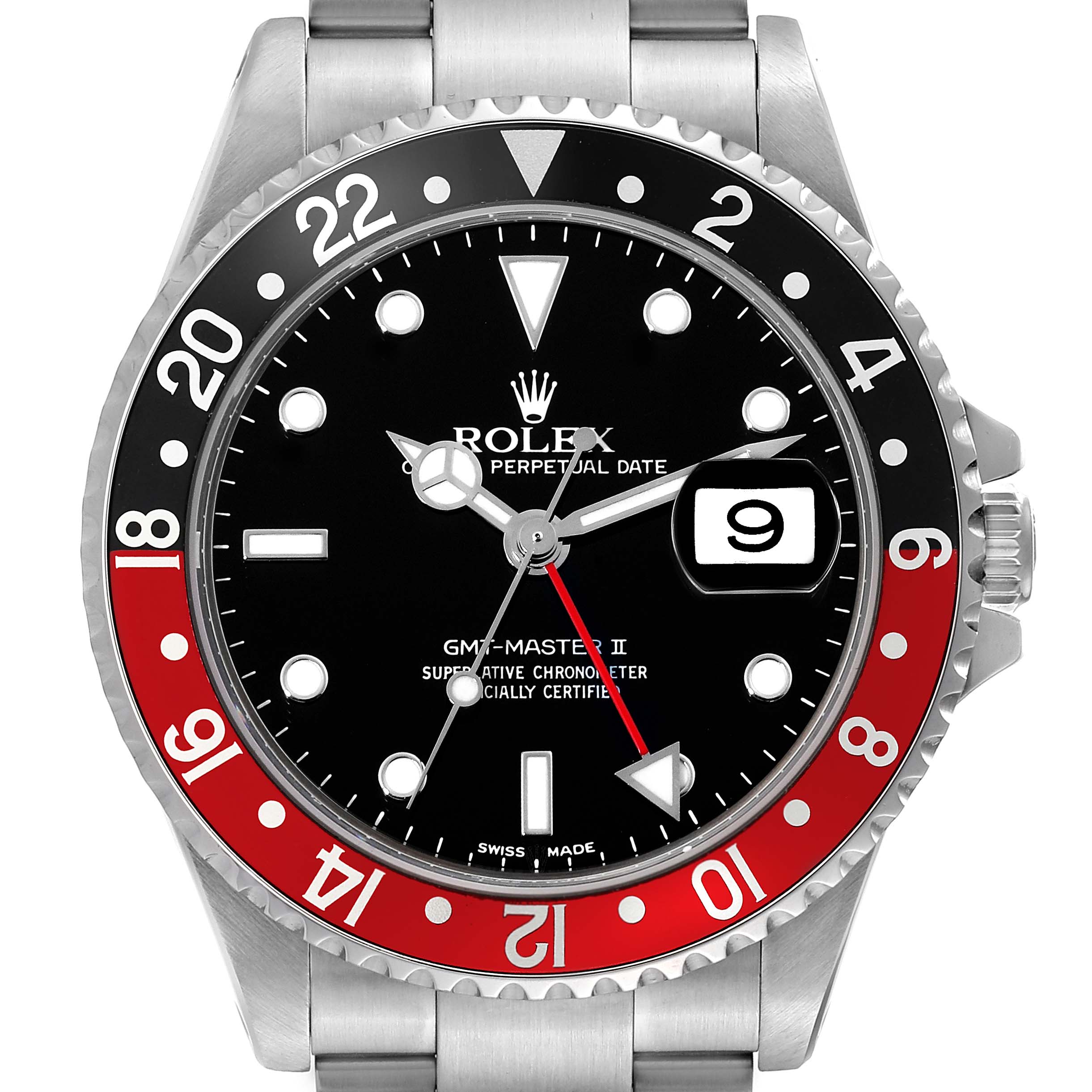 This image shows a frontal view of the Rolex GMT-Master 16710 Men's Stainless Steel Black Dial 16710 Men's Stainless Steel Black Dial II watch face, bezel, and part of the bracelet.