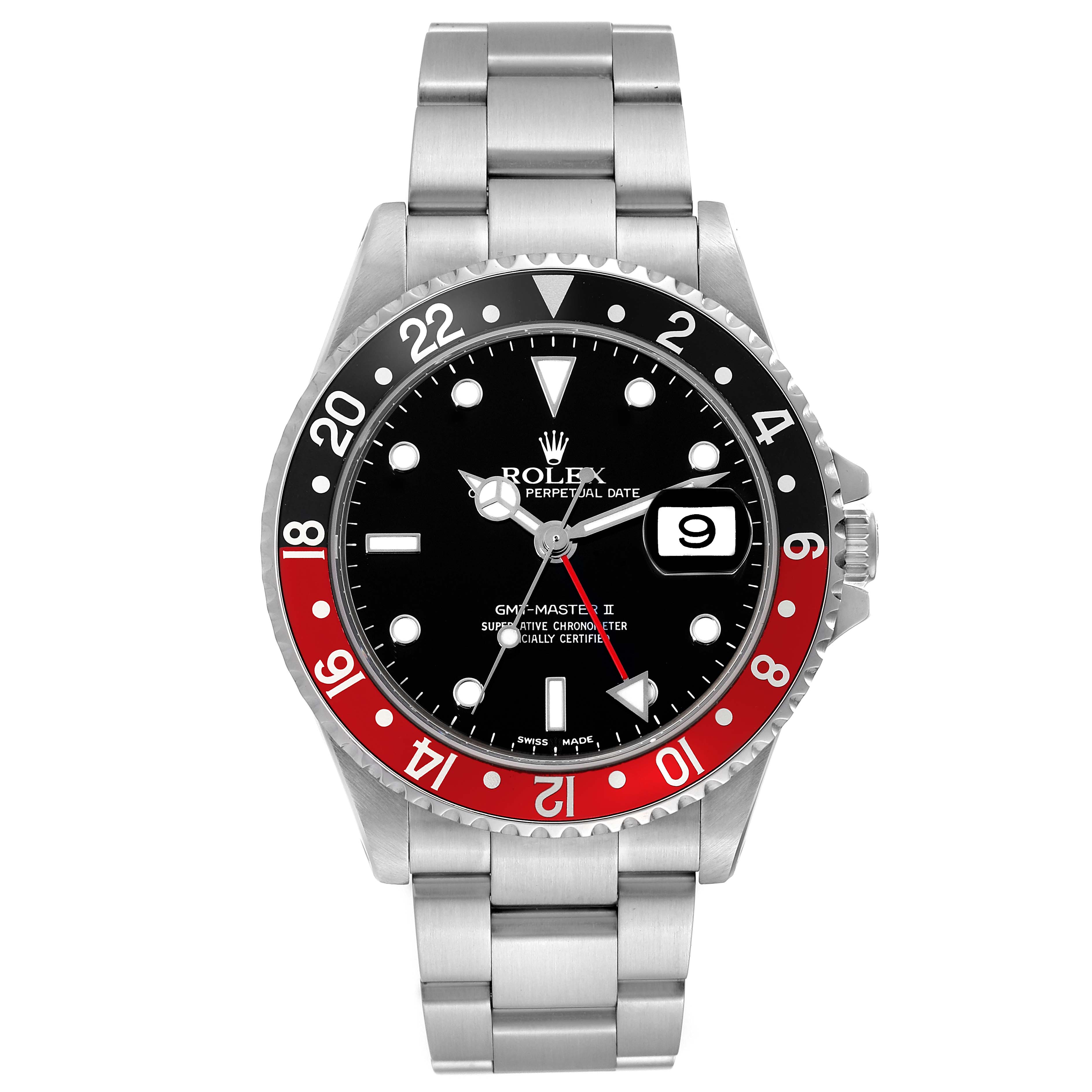 This image shows a front view of the Rolex GMT-Master 16710 Men's Stainless Steel Black Dial 16710 Men's Stainless Steel Black Dial II watch, highlighting the bezel, dial, bracelet, and date window.