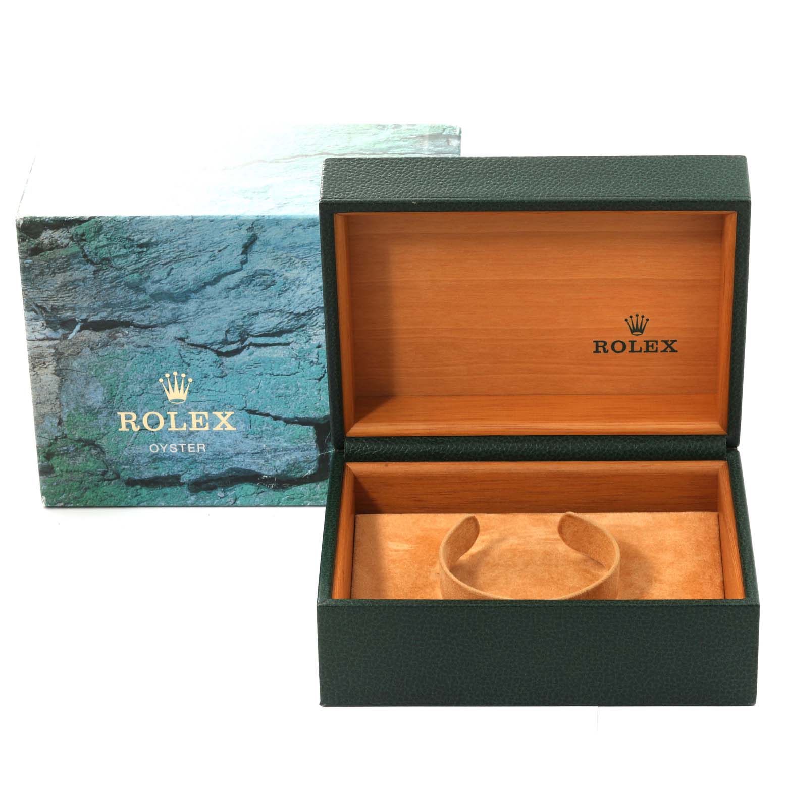 The image shows an open Rolex GMT-Master 16710 Men's Stainless Steel Black Dial 16710 Men's Stainless Steel Black Dial watch box with a holder, along with the outer box, viewed from the front.