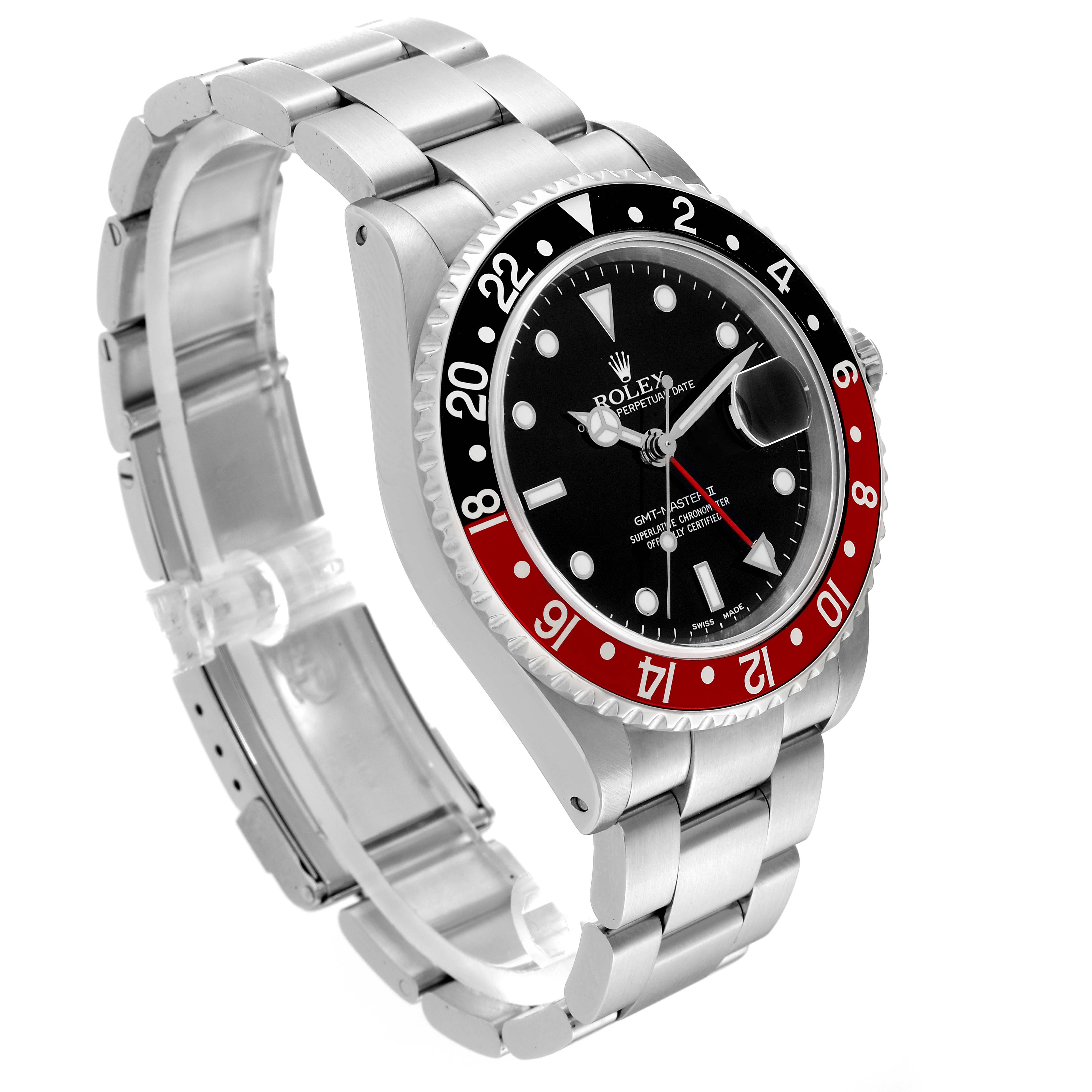 The image shows a side angle view of a Rolex GMT-Master 16710 Men's Stainless Steel Black Dial 16710 Men's Stainless Steel Black Dial watch, highlighting its bezel, dial, and bracelet.