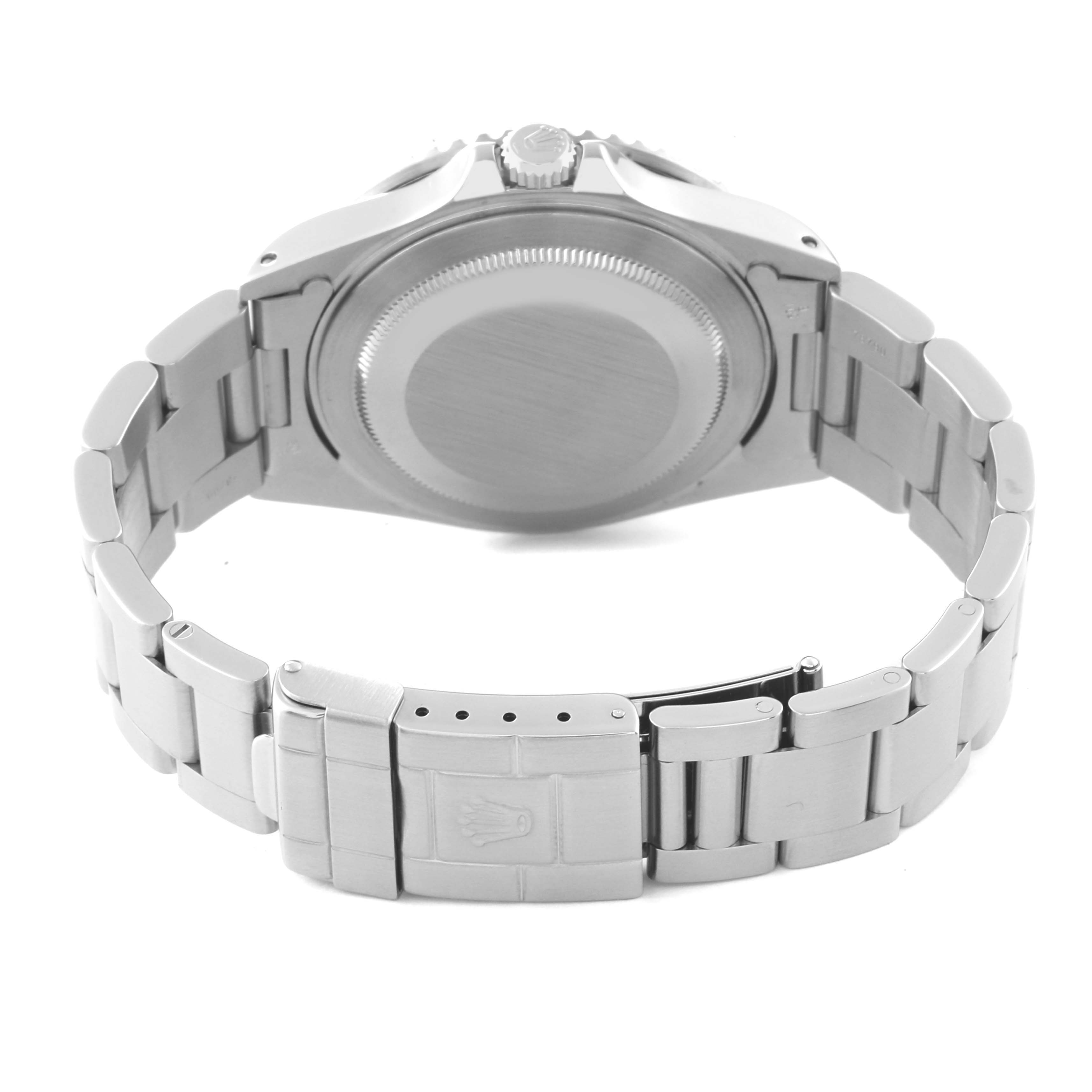 The image shows the backside and bracelet of a Rolex GMT-Master 16710 Men's Stainless Steel Black Dial 16710 Men's Stainless Steel Black Dial watch, highlighting the clasp and caseback.