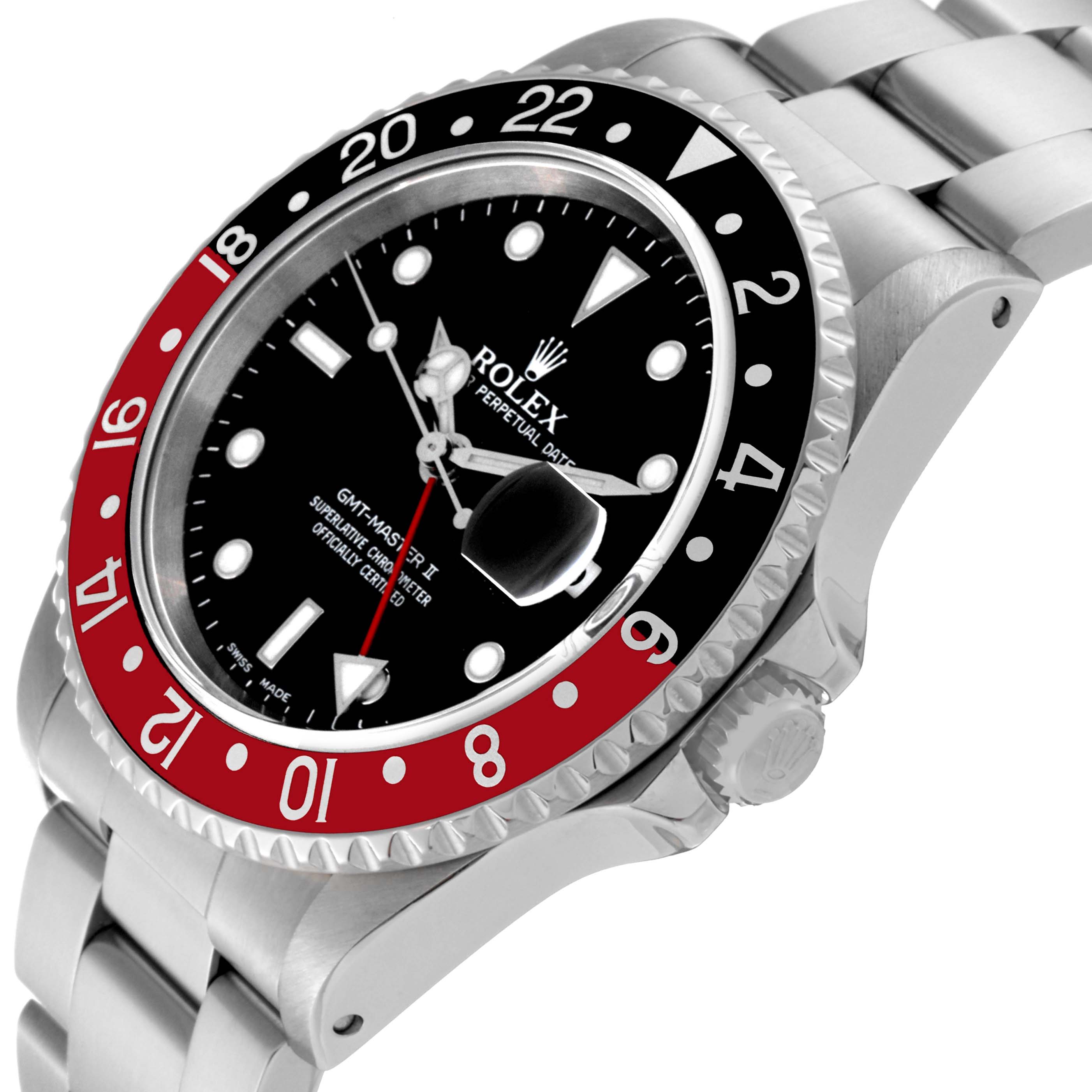 The Rolex GMT-Master 16710 Men's Stainless Steel Black Dial 16710 Men's Stainless Steel Black Dial watch is displayed at an angled view, showing the bezel, dial, crown, and a part of the bracelet.