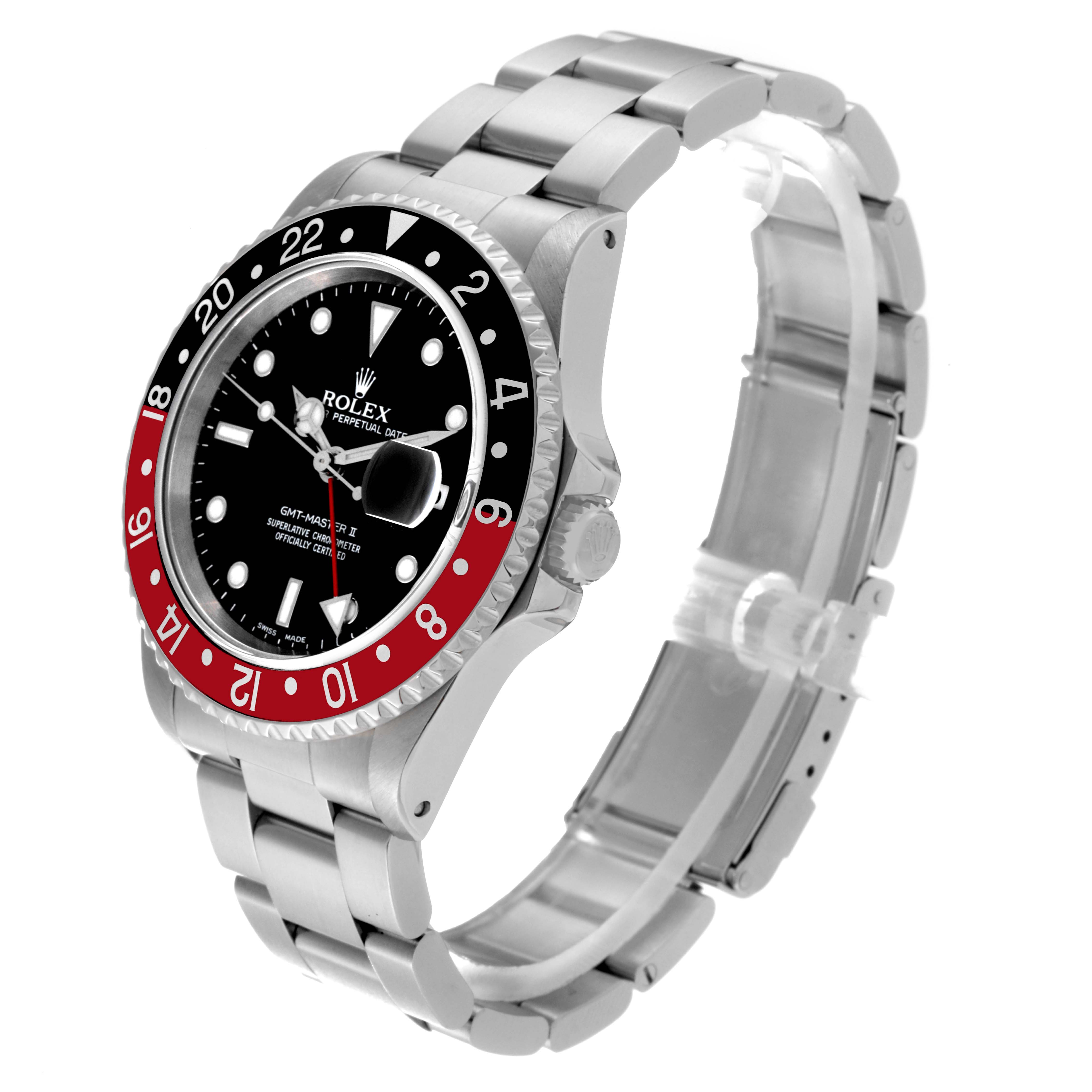 The Rolex GMT-Master 16710 Men's Stainless Steel Black Dial 16710 Men's Stainless Steel Black Dial watch is shown from a three-quarter angle, displaying its face, bezel, crown, and bracelet.
