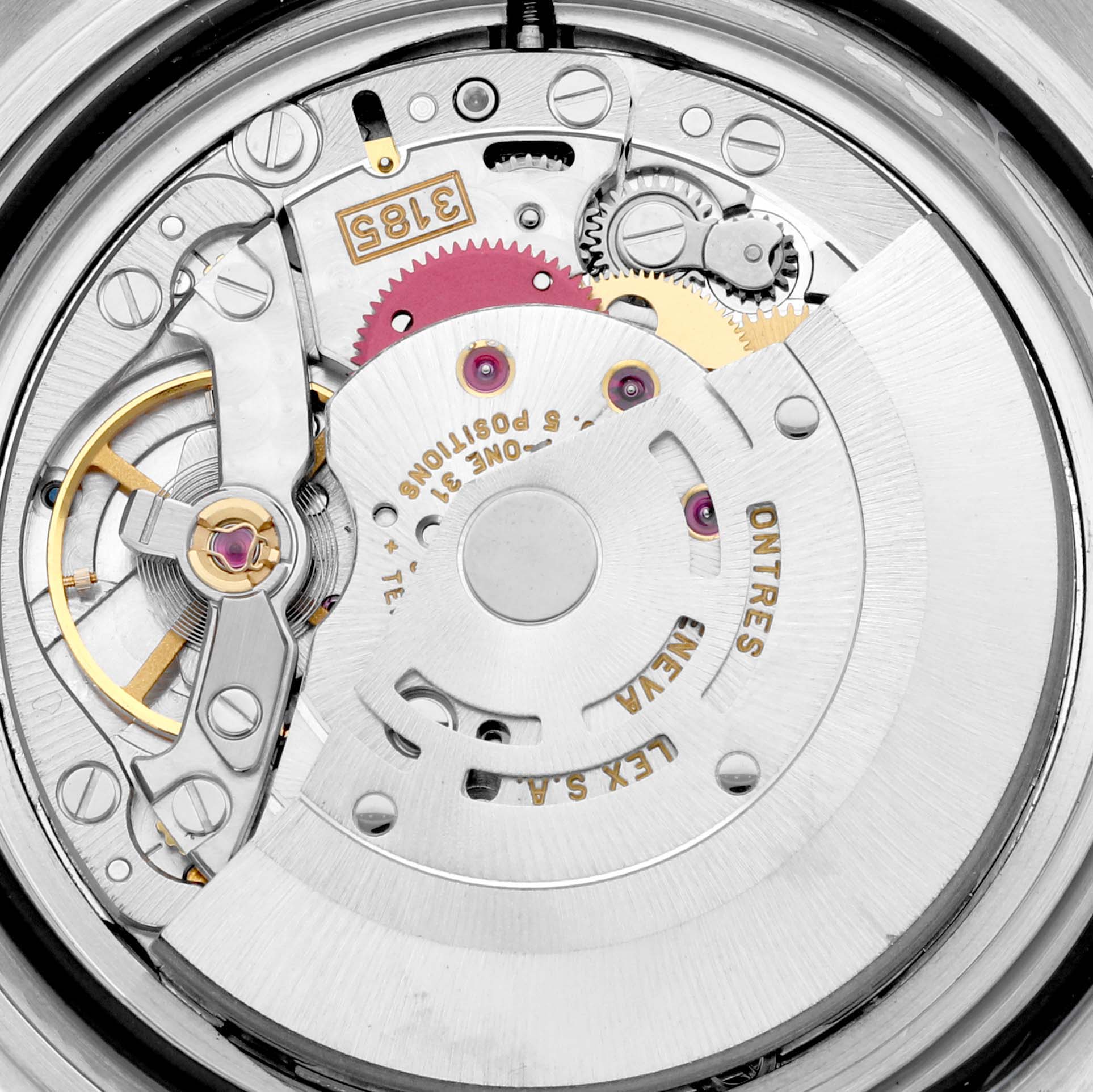 This image shows the internal movement of a Rolex GMT-Master 16710 Men's Stainless Steel Black Dial 16710 Men's Stainless Steel Black Dial watch, specifically highlighting the rotor and various gears.