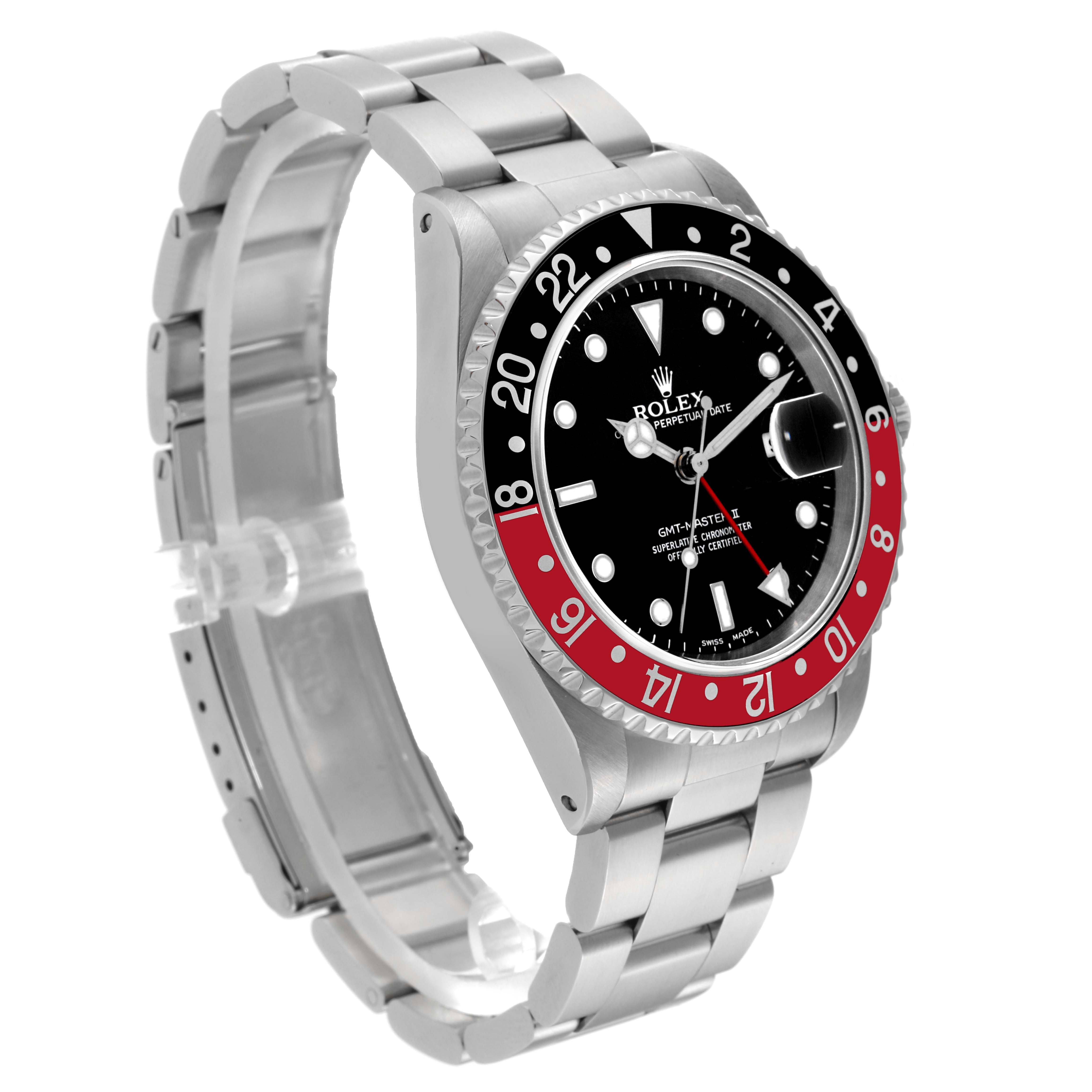 The Rolex GMT-Master 16710 Men's Stainless Steel Black Dial 16710 Men's Stainless Steel Black Dial watch is shown at a side angle, displaying the bezel, dial, hands, and part of the bracelet.