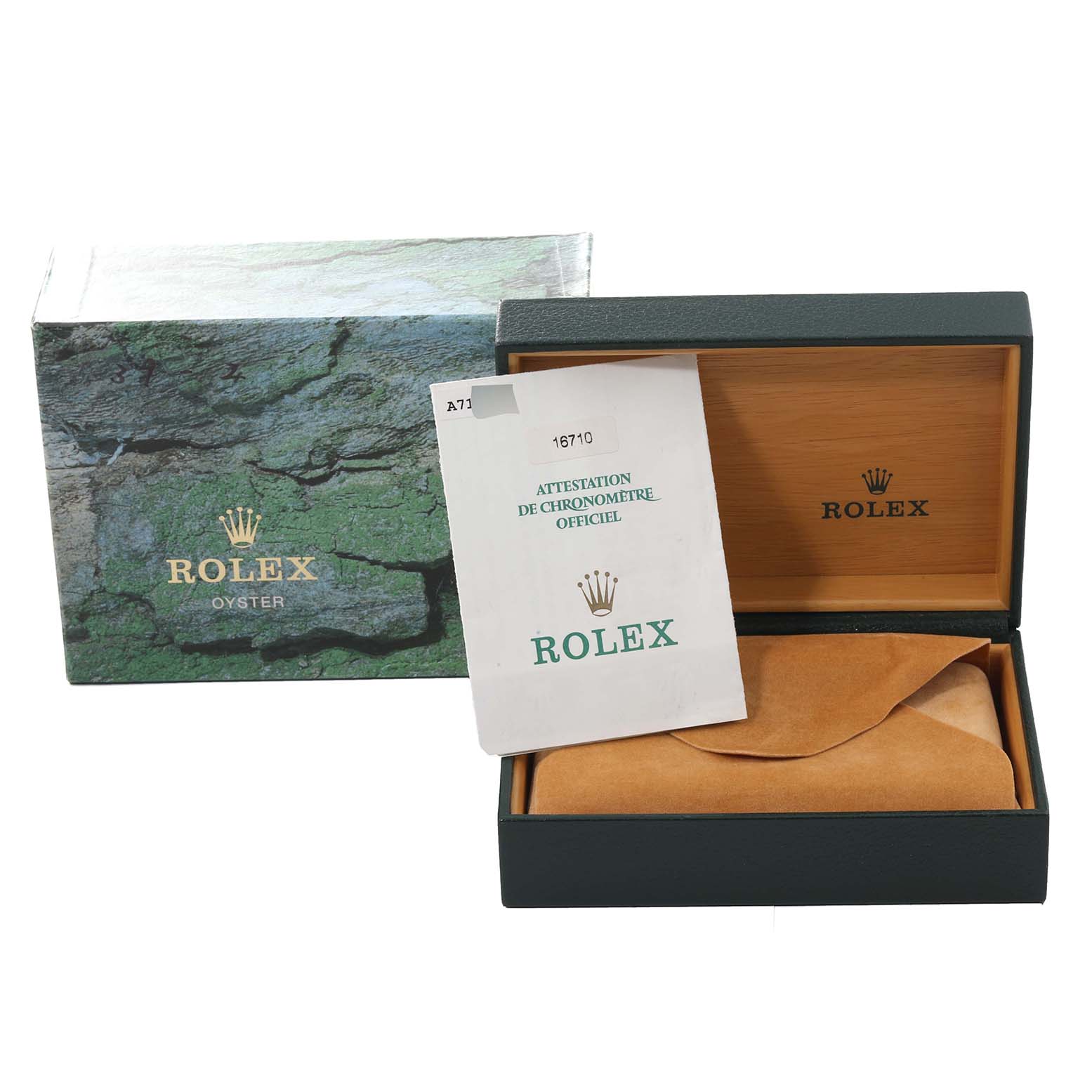 The image shows the packaging and documentation for a Rolex GMT-Master 16710 Men's Stainless Steel Black Dial 16710 Men's Stainless Steel Black Dial watch, with an open box and warranty card visible.