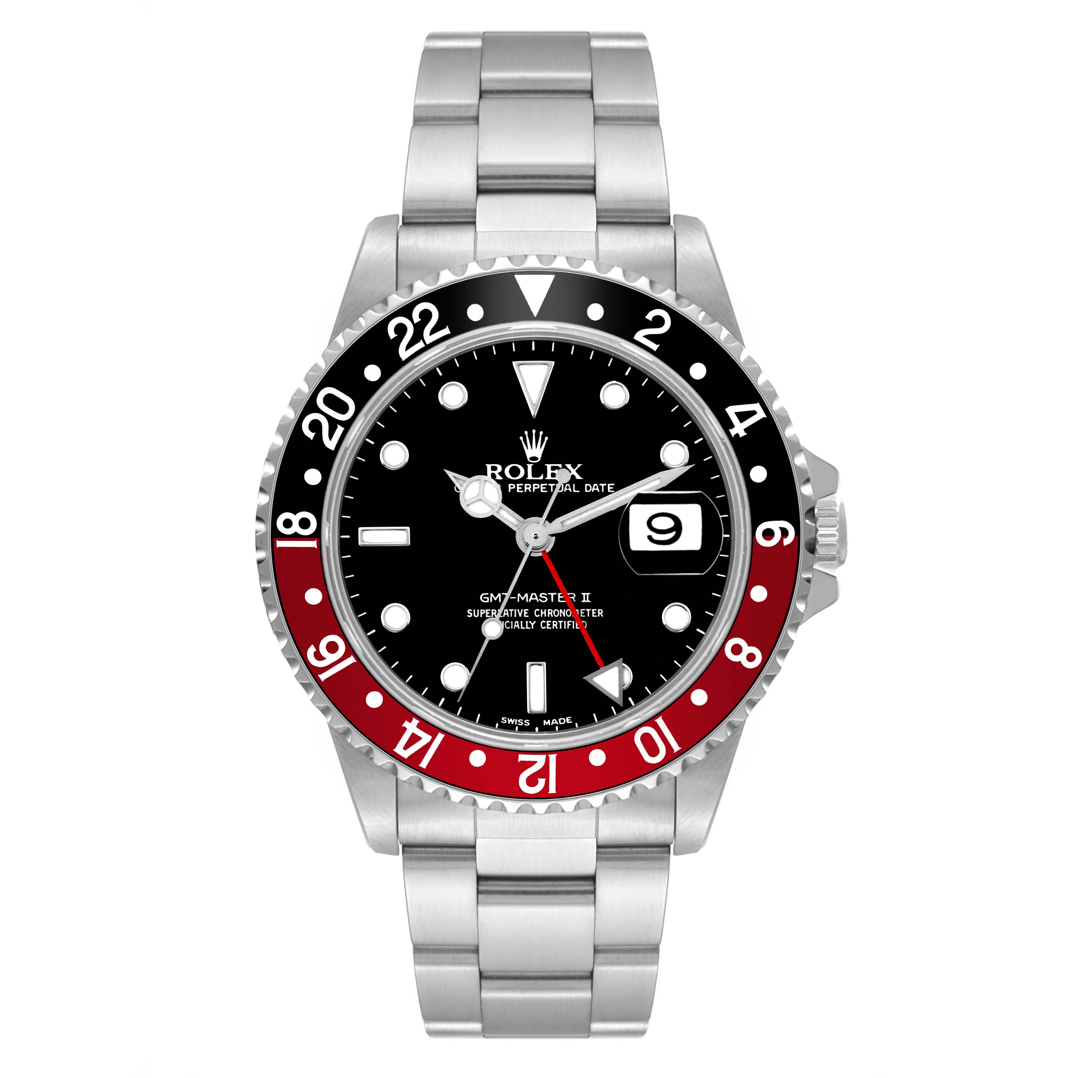 Front view of the Rolex GMT-Master 16710 Men's Stainless Steel Black Dial 16710 Men's Stainless Steel Black Dial watch showing the dial, bezel, hands, bracelet, and date display.